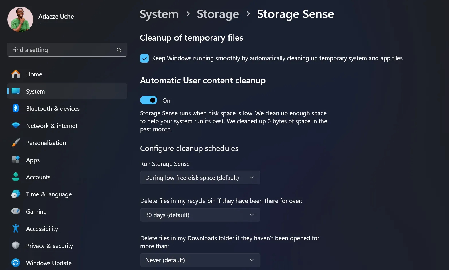 Trang Storage Sense trong ứng dụng Cài đặt của Windows, tính năng quản lý không gian lưu trữ thông minh.