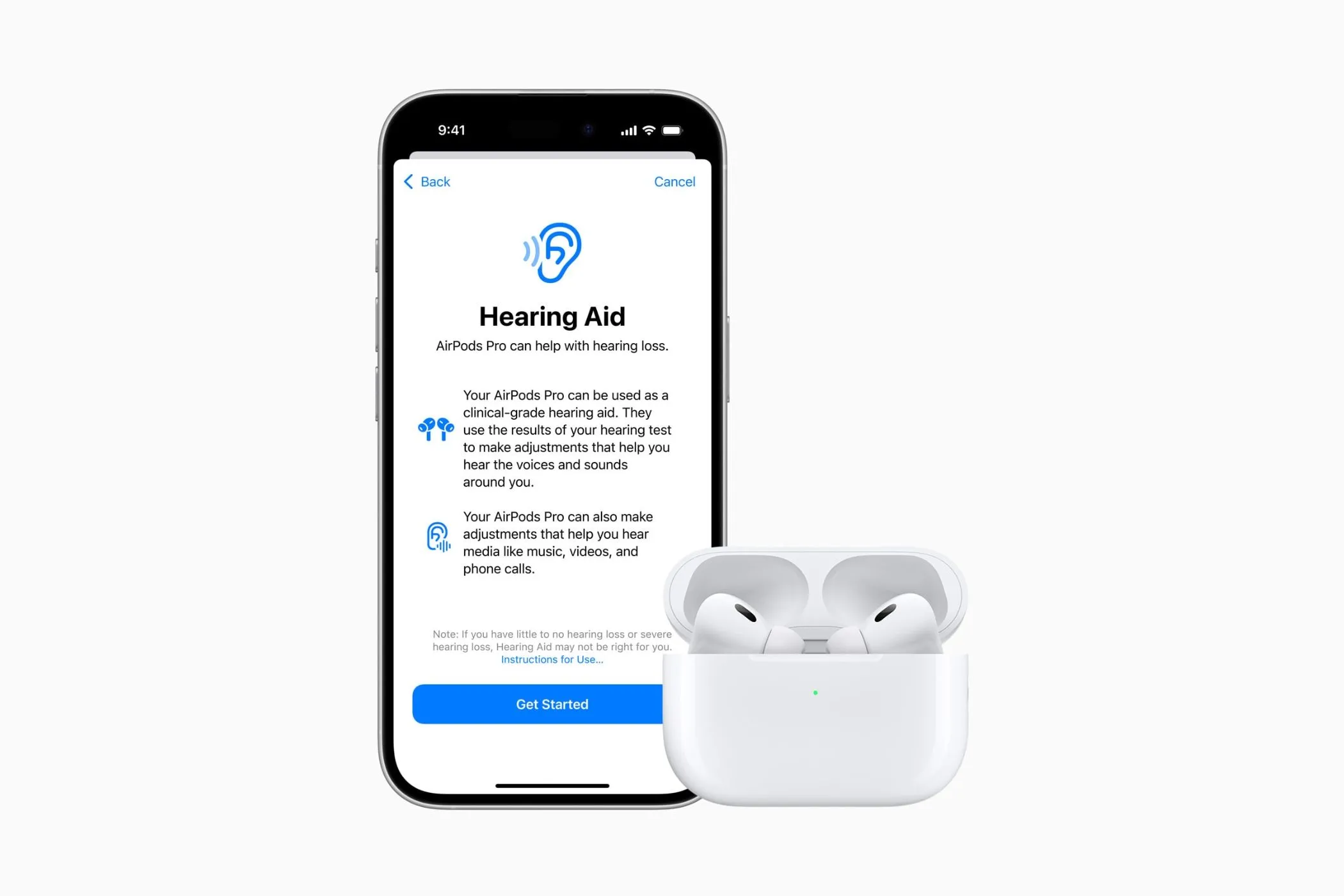 Trang thông tin về tính năng hỗ trợ thính giác trên iPhone, kèm theo cặp tai nghe AirPods Pro 2.