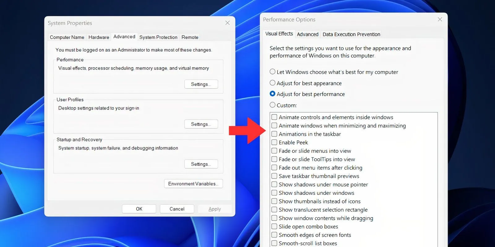 Trang tiện ích Hiệu ứng hình ảnh trong Windows 11 với tùy chọn Điều chỉnh để có hiệu suất tốt nhất