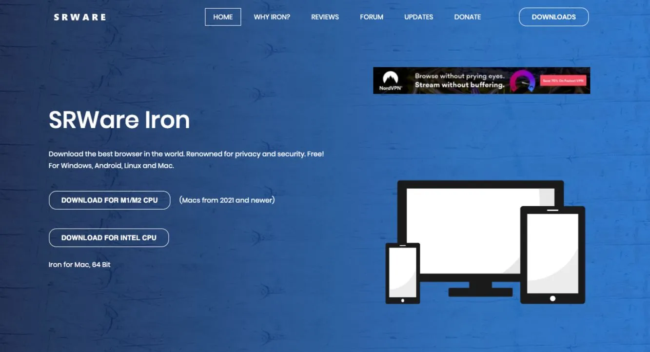 Trang web chính thức của SRWare Iron, một trình duyệt bảo mật dựa trên Chromium.