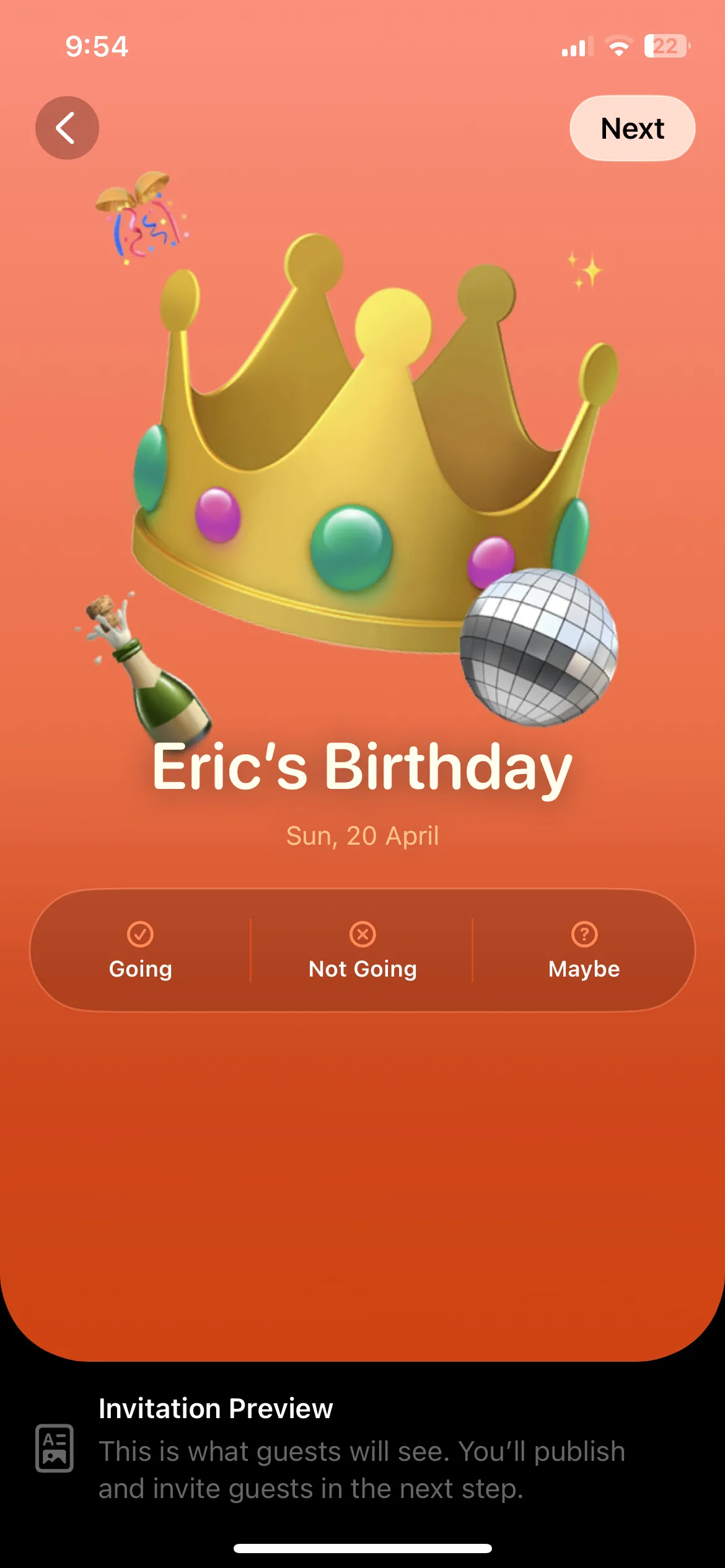 Trang xem trước một lời mời sự kiện trong ứng dụng Apple Invites trên iPhone, hiển thị chi tiết sự kiện và tùy chọn quản lý.