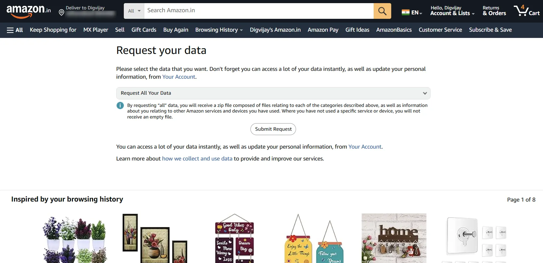 Trang yêu cầu tải xuống toàn bộ dữ liệu cá nhân mà Amazon đã thu thập về tài khoản của bạn