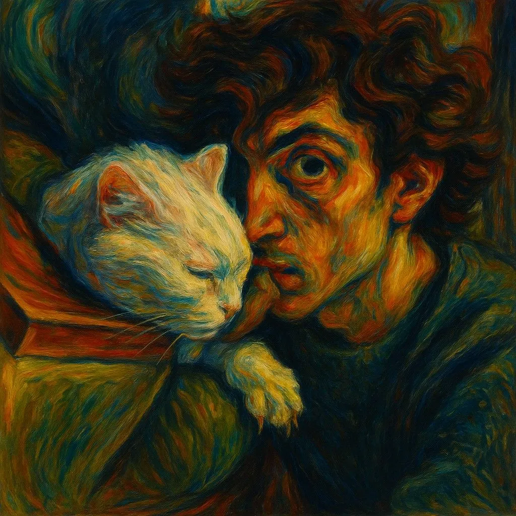 Tranh AI phong cách Expressionism của người đàn ông và mèo trắng đầy cảm xúc