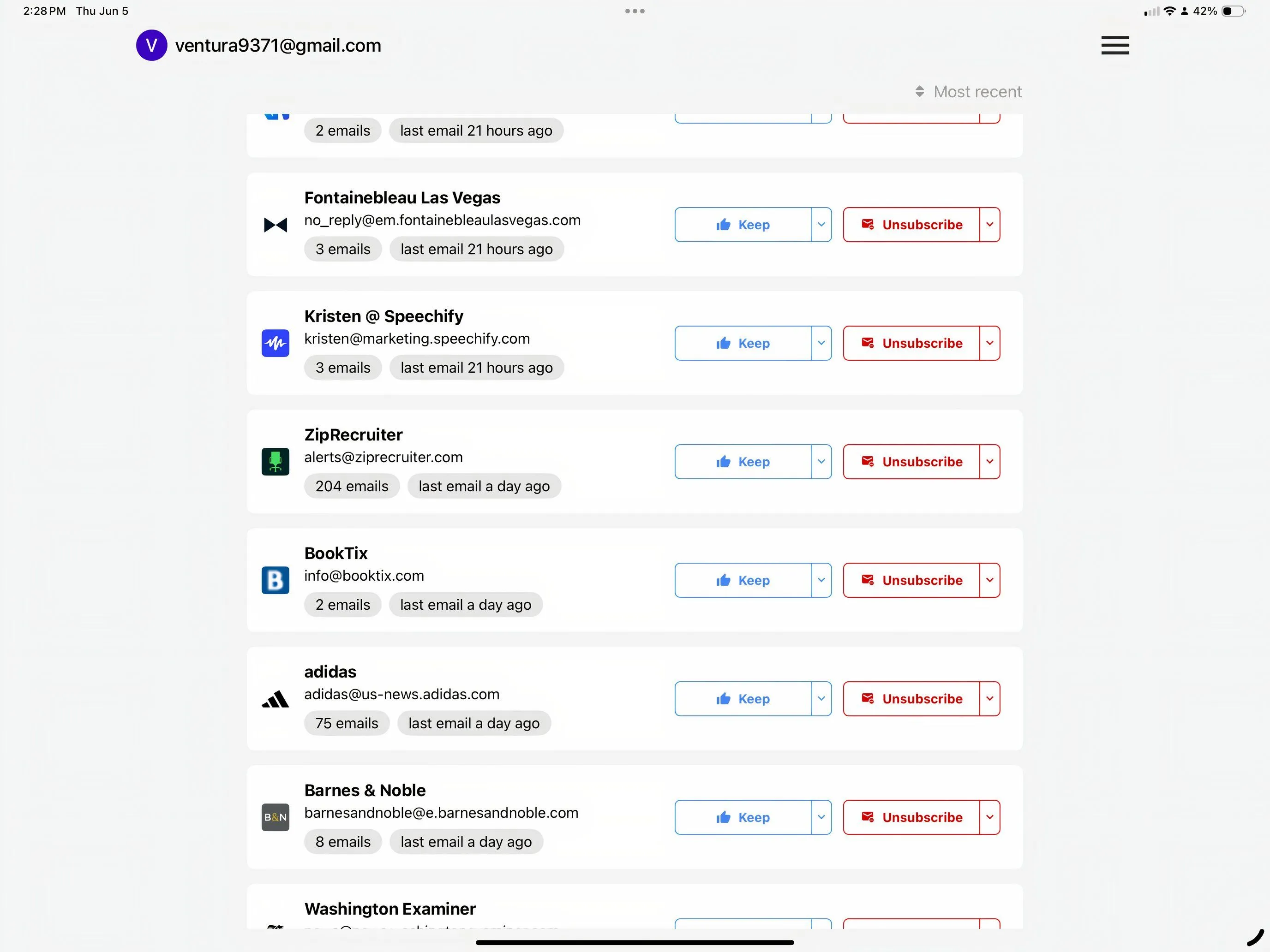 Trimbox trên iPad, giao diện quản lý và hủy đăng ký email spam hiệu quả