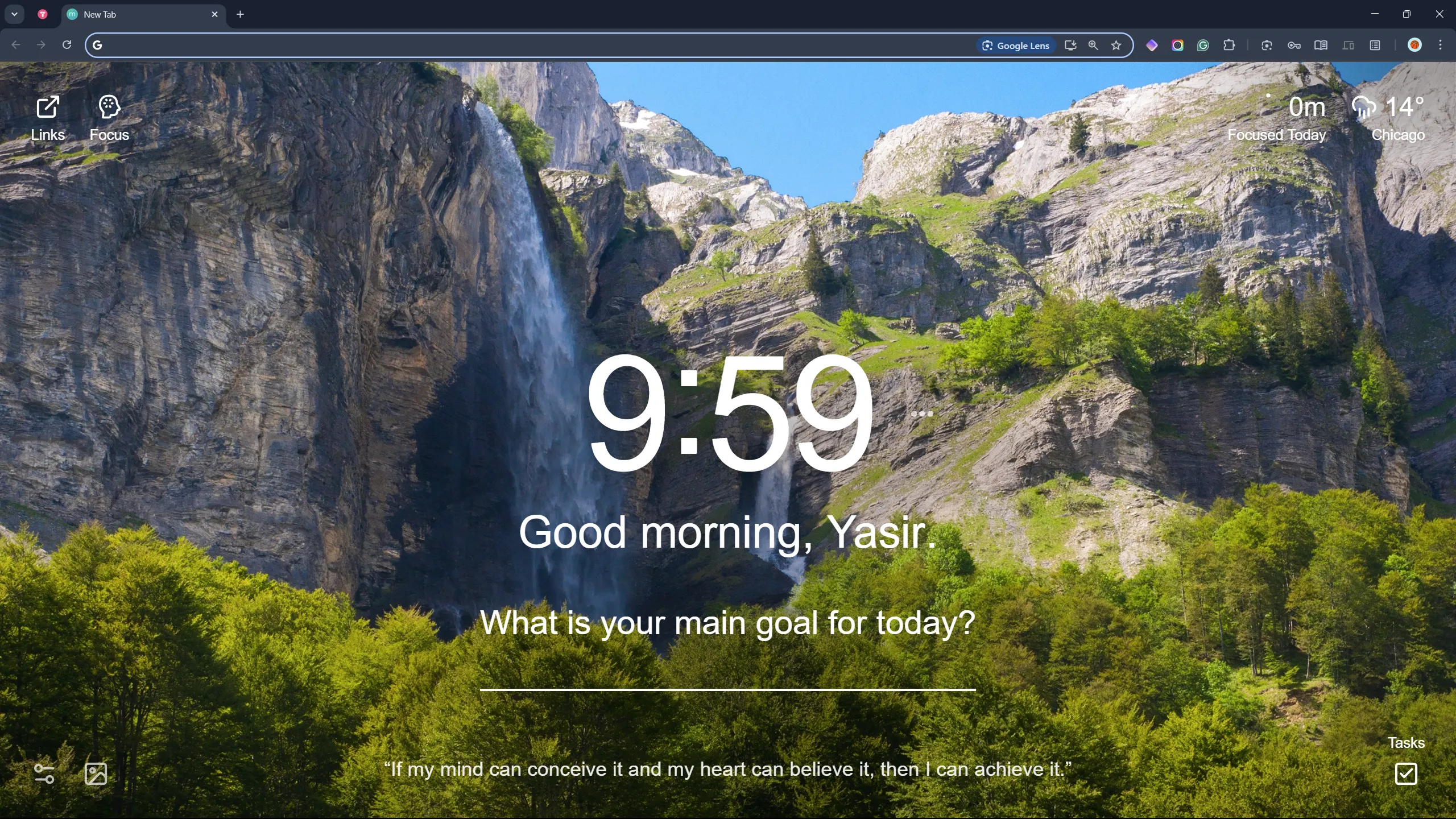 Trình duyệt Google Chrome với giao diện tối giản, hiển thị trang tab mới của Momentum, thể hiện kết quả sau khi tối ưu.