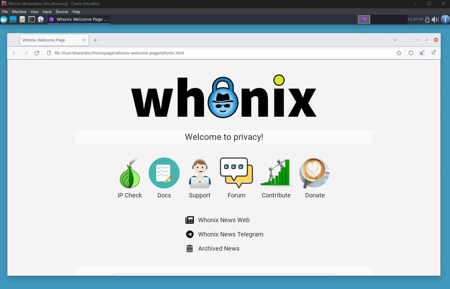 Trình duyệt web mặc định của Whonix, minh họa giao diện người dùng và tập trung vào ẩn danh qua Tor