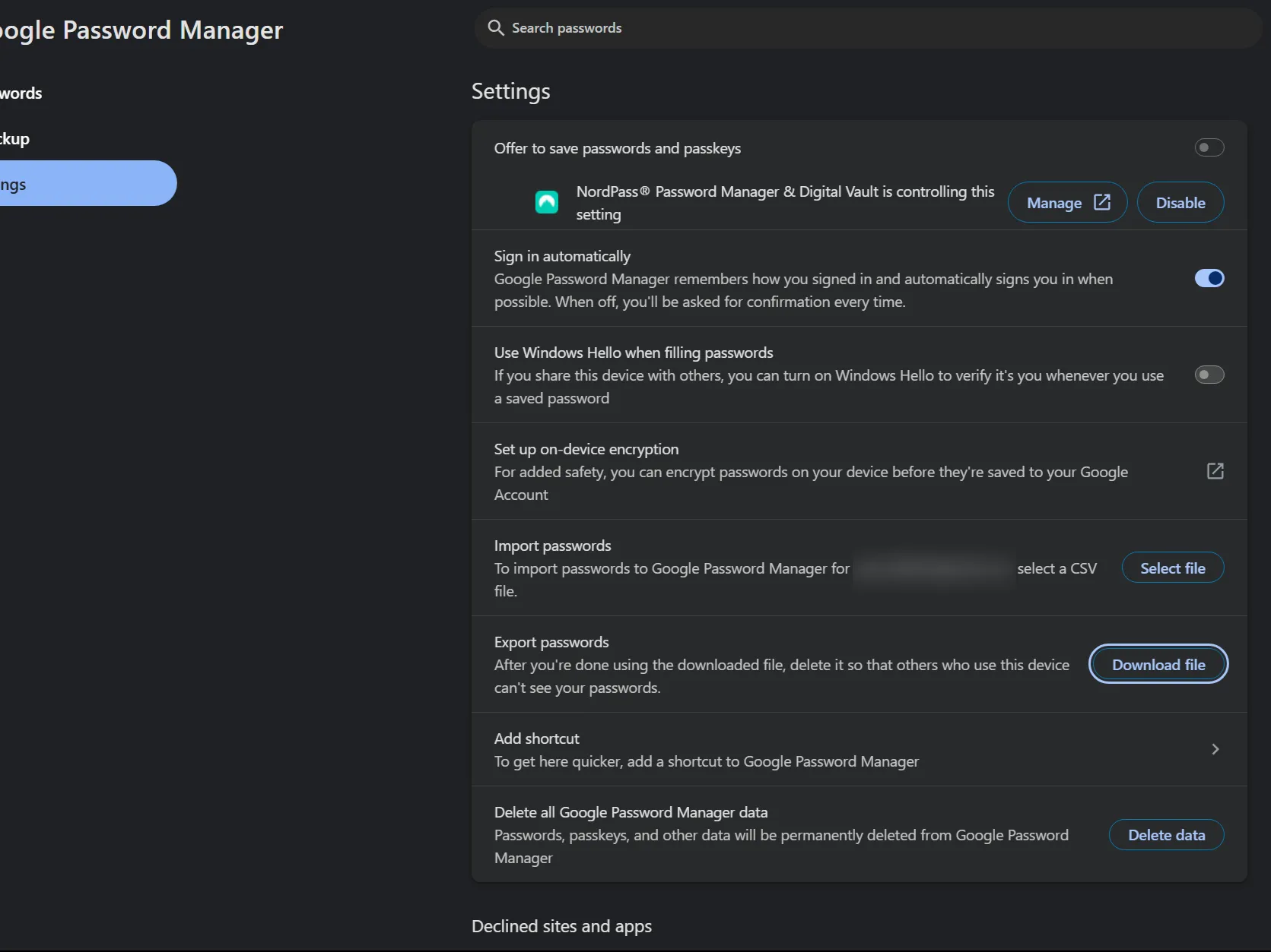 Trình quản lý mật khẩu Google hiển thị tùy chọn xuất trong cài đặt mật khẩu