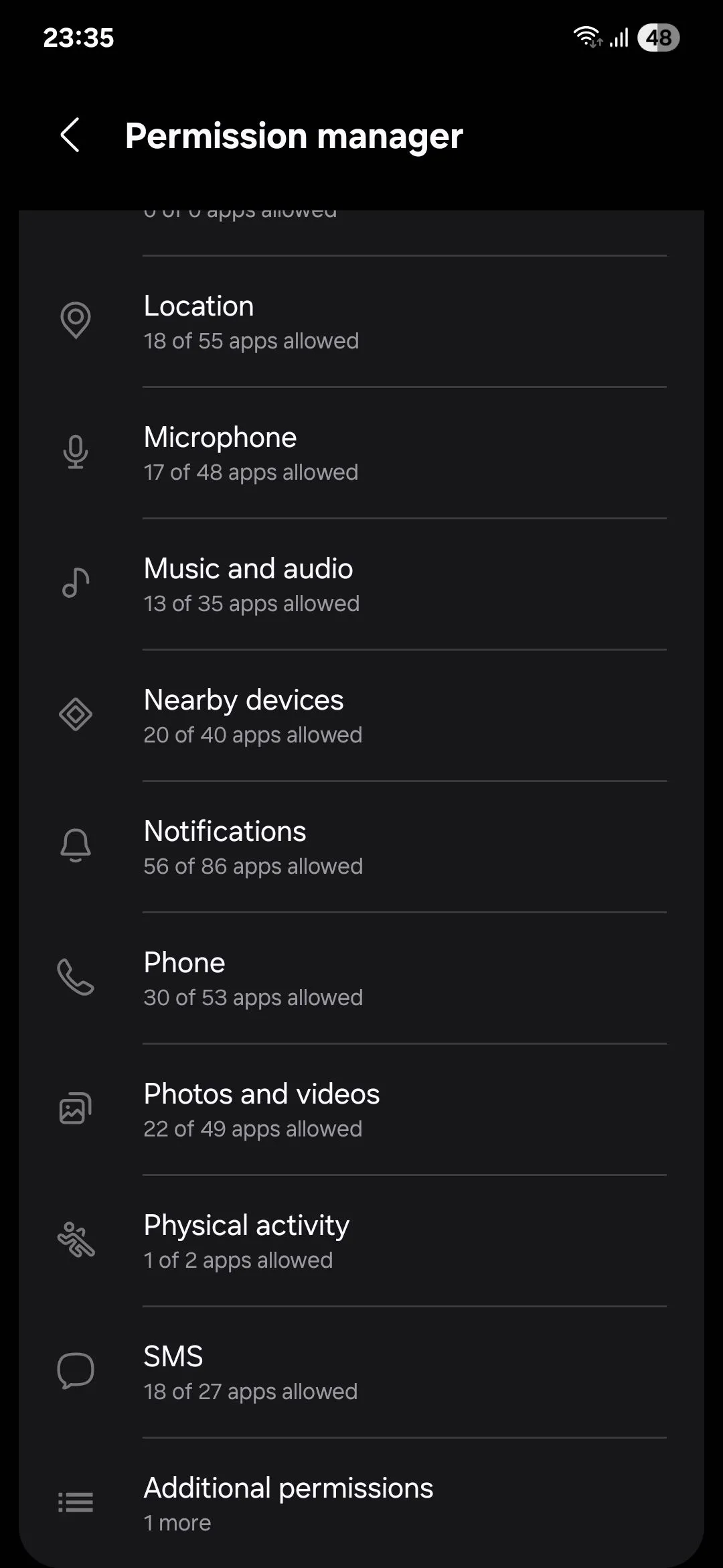 Trình quản lý quyền ứng dụng trên điện thoại Android.