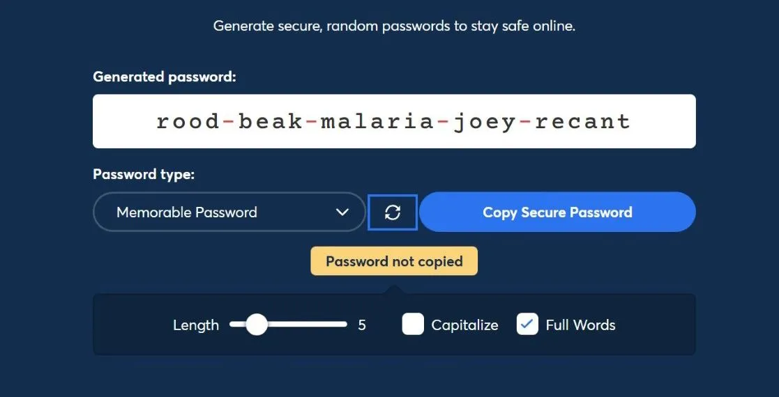 Trình tạo passphrase của 1Password, minh họa cách tạo mật khẩu dài và dễ nhớ nhưng khó đoán.