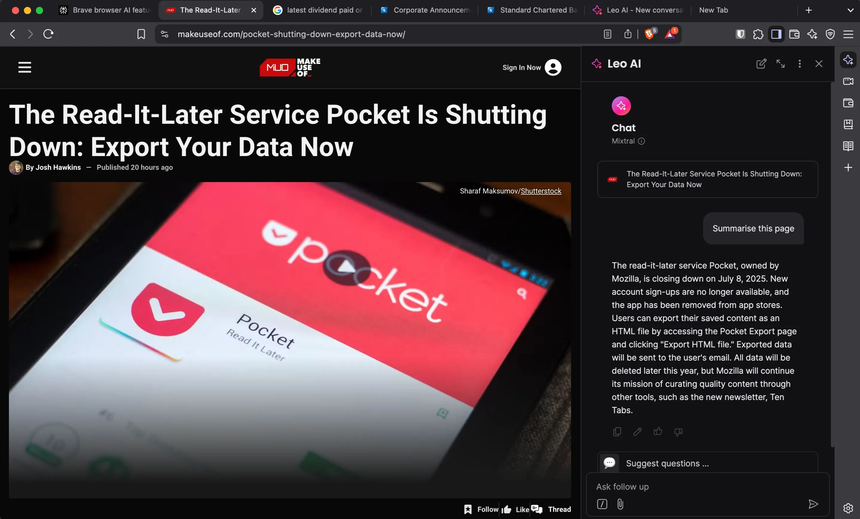 Trợ lý AI Leo của Brave Browser đang hoạt động trong thanh bên, hỗ trợ người dùng duyệt web