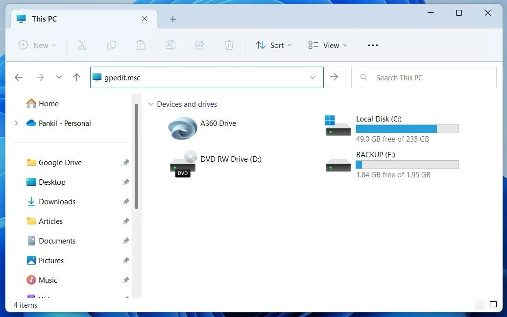 Truy cập Local Group Policy Editor qua File Explorer