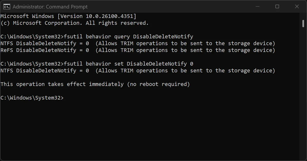 Truy vấn trạng thái TRIM trong Command Prompt với quyền quản trị viên.