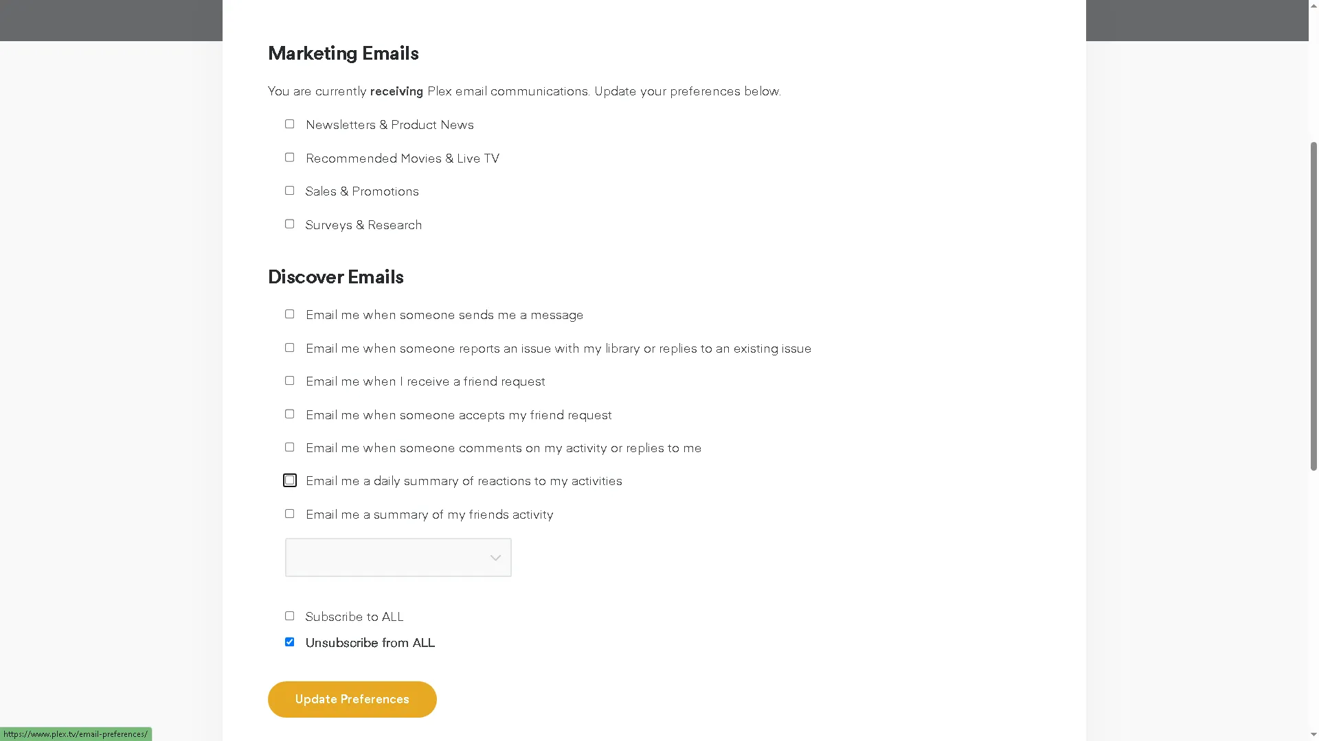 Tùy chỉnh các tùy chọn email tiếp thị trong cài đặt Plex