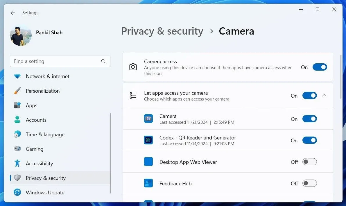 Tùy chỉnh quyền truy cập camera cho ứng dụng trong mục Quyền riêng tư &amp; bảo mật trên Windows 11