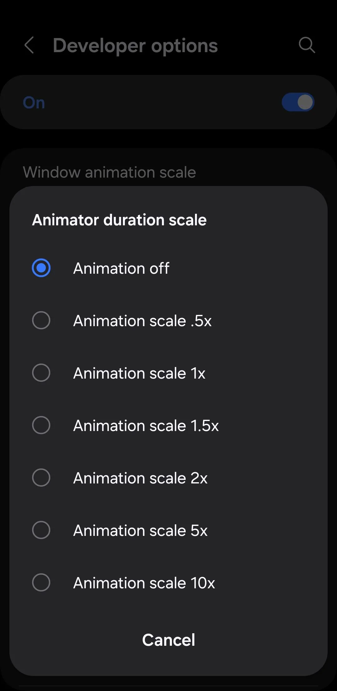 Tùy chọn Animator animation scale trong menu tùy chọn nhà phát triển