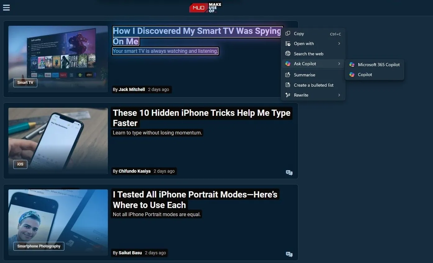 Tùy chọn Ask Copilot hiển thị trong menu Click to Do của Windows 11 với nhiều tính năng AI.