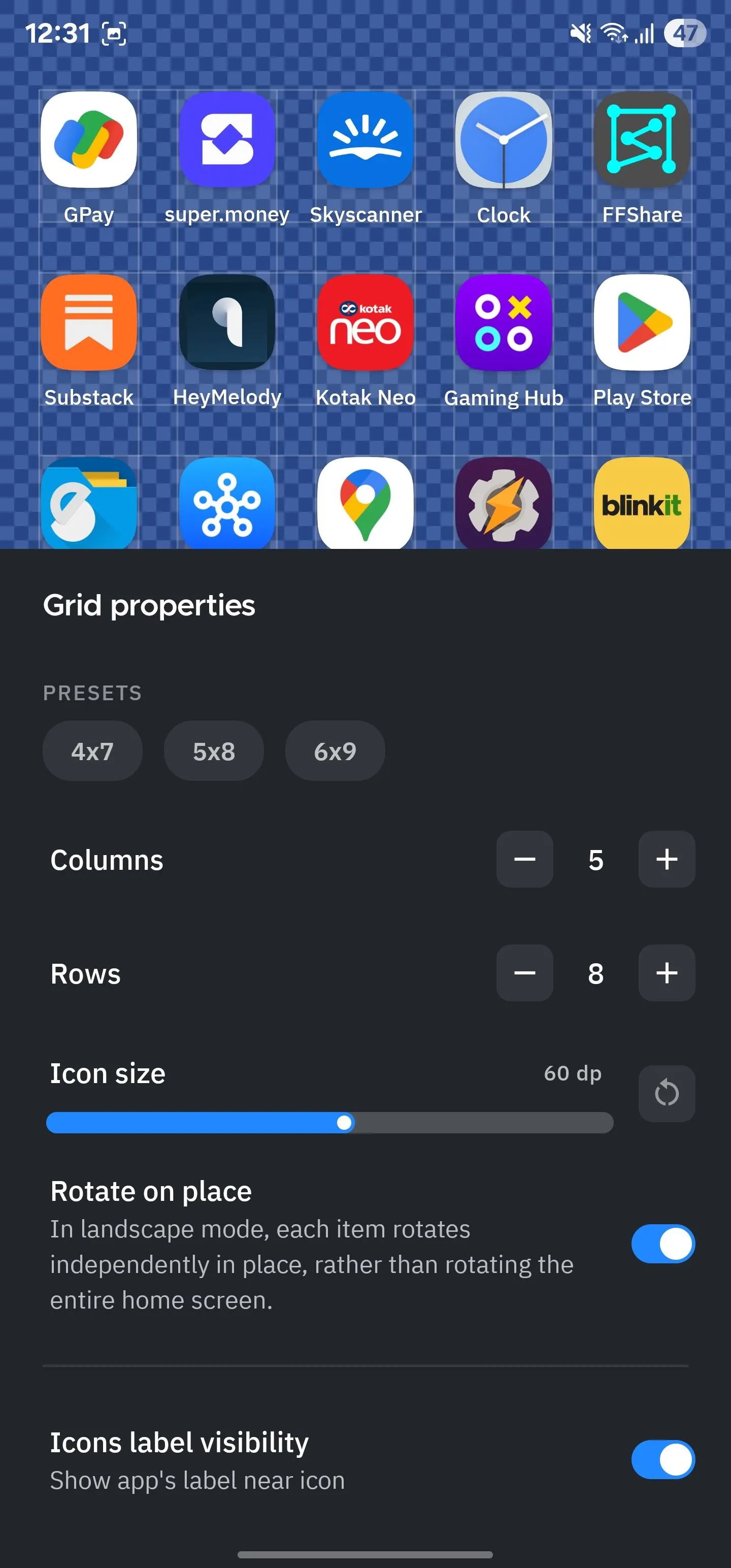 Tùy chọn bố cục lưới màn hình chính trong Smart Launcher với các thanh trượt điều chỉnh