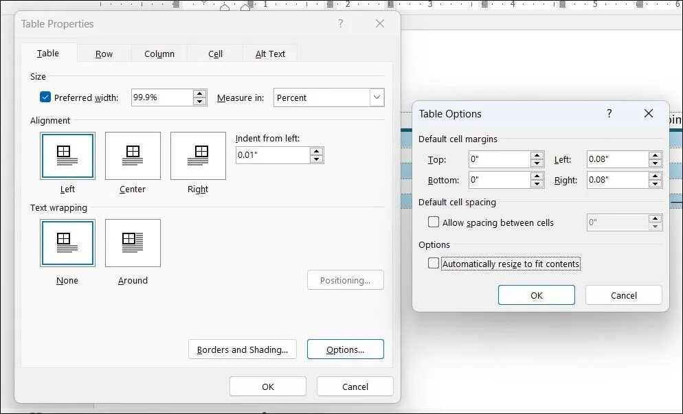Tùy chọn bỏ tích Automatically Resize to Fit Contents trong cài đặt Table Options để cố định kích thước bảng