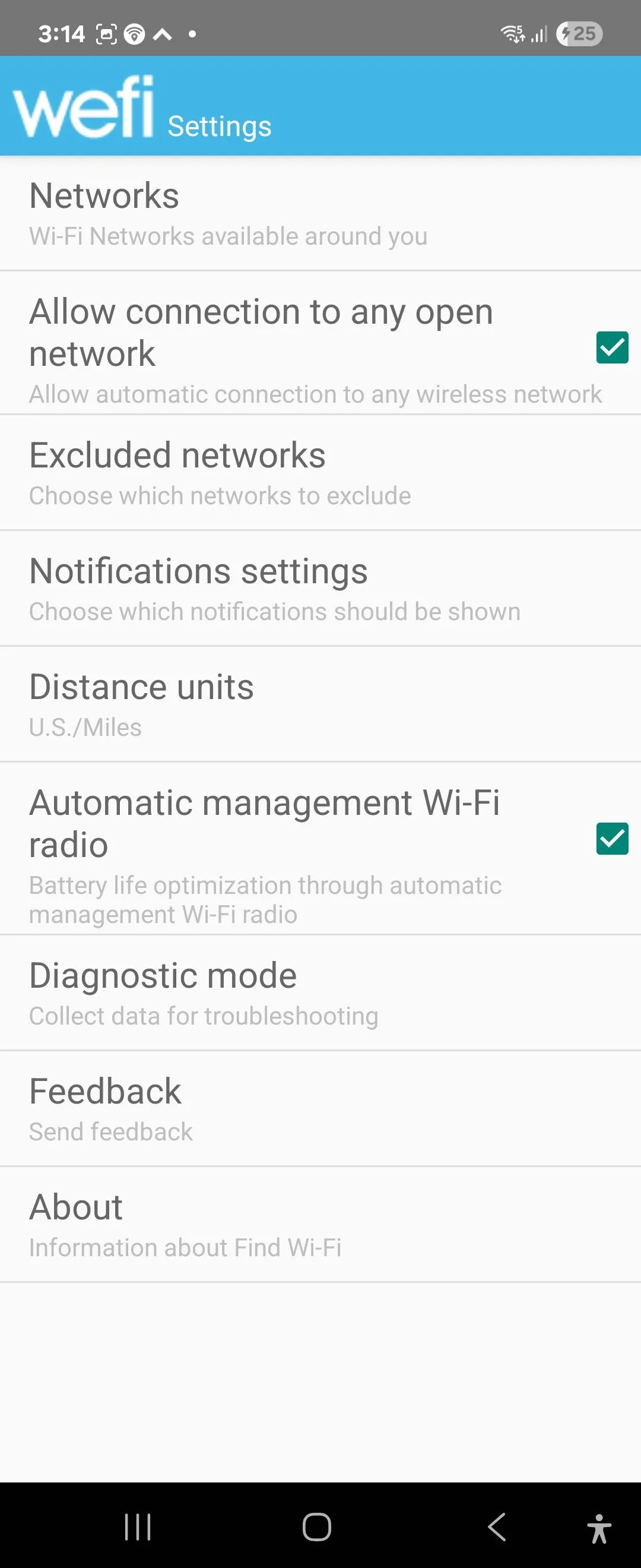 Tùy chọn cài đặt của ứng dụng WeFi trên thiết bị Android, cho phép tối ưu kết nối Wi-Fi và tiết kiệm pin.