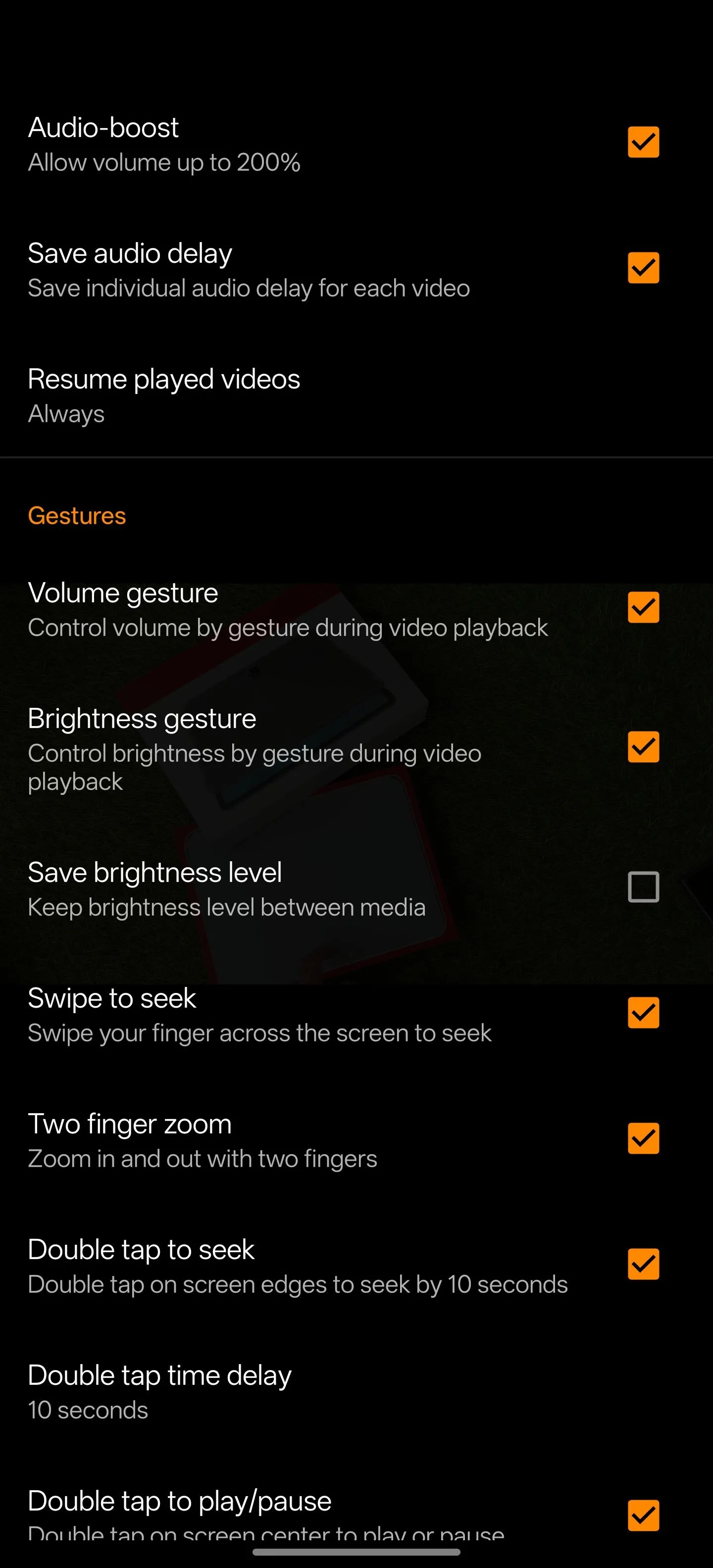 Tùy chọn cài đặt mở rộng trên trình phát đa phương tiện VLC cho Android.