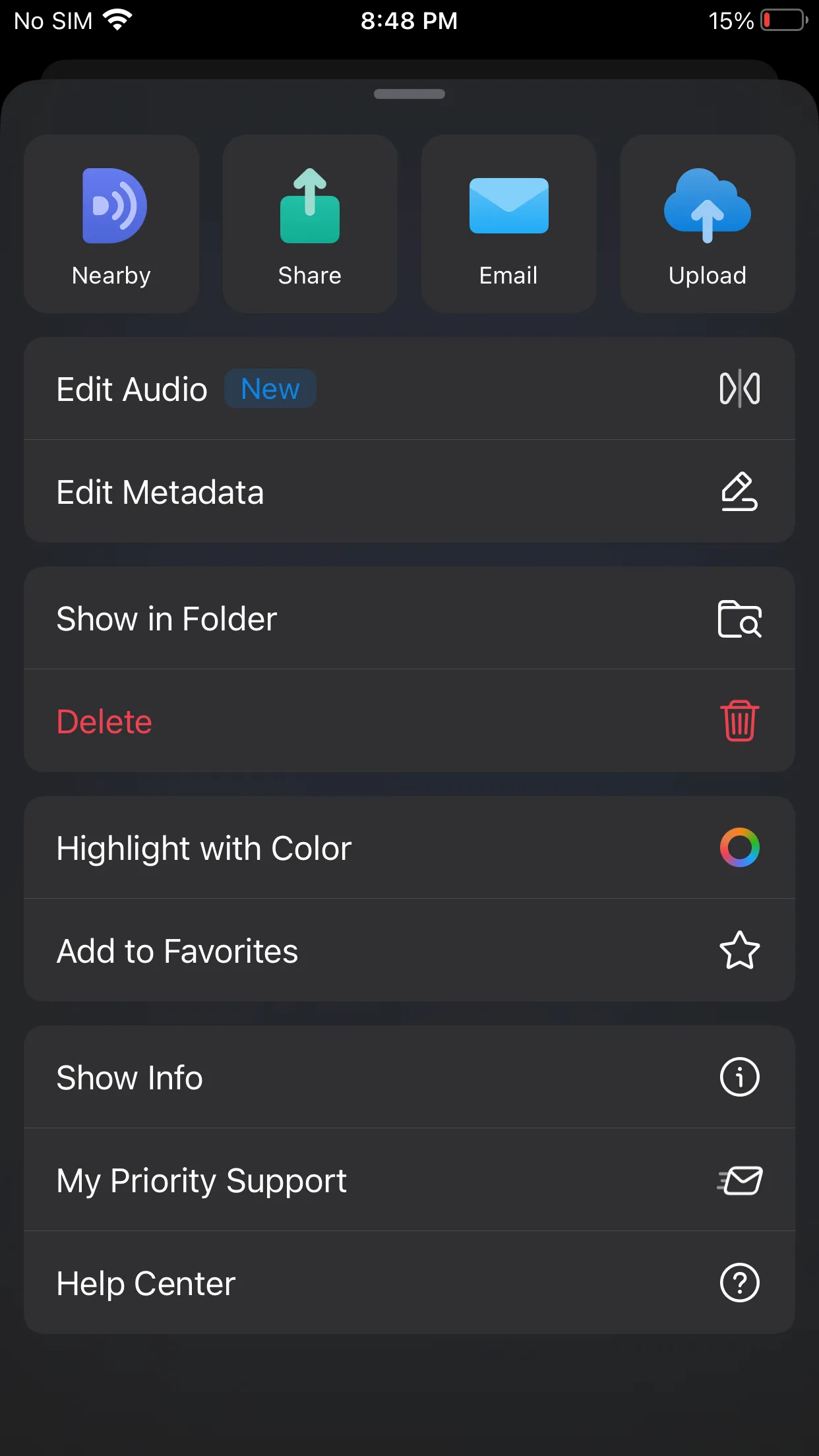Tùy chọn cài đặt trình phát âm thanh trong Documents trên iPhone.