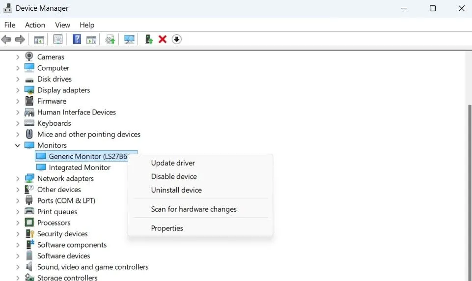 Tùy chọn cập nhật driver màn hình trong Device Manager của Windows
