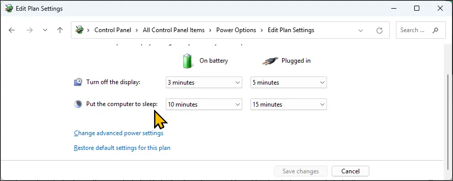 Tùy chọn "Change advanced power settings" trong Cài đặt nguồn trên Windows 11