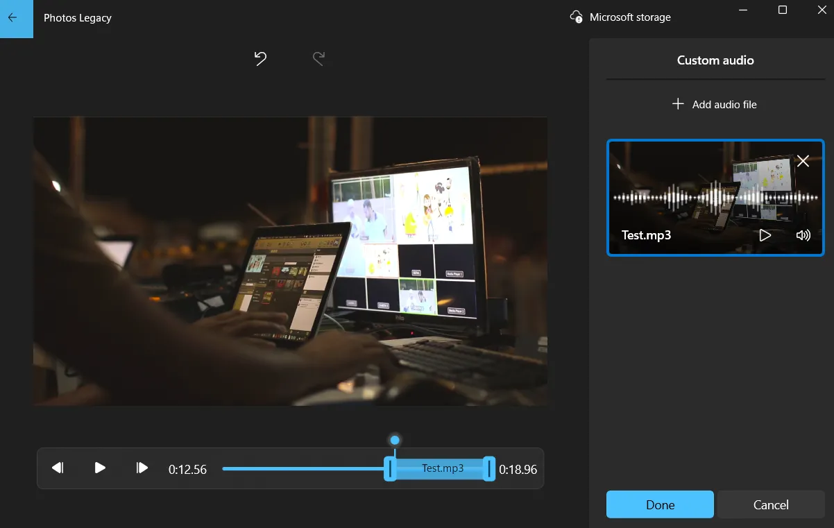 Tùy chọn chèn âm thanh tùy chỉnh (Custom audio) vào video trong Photos Legacy