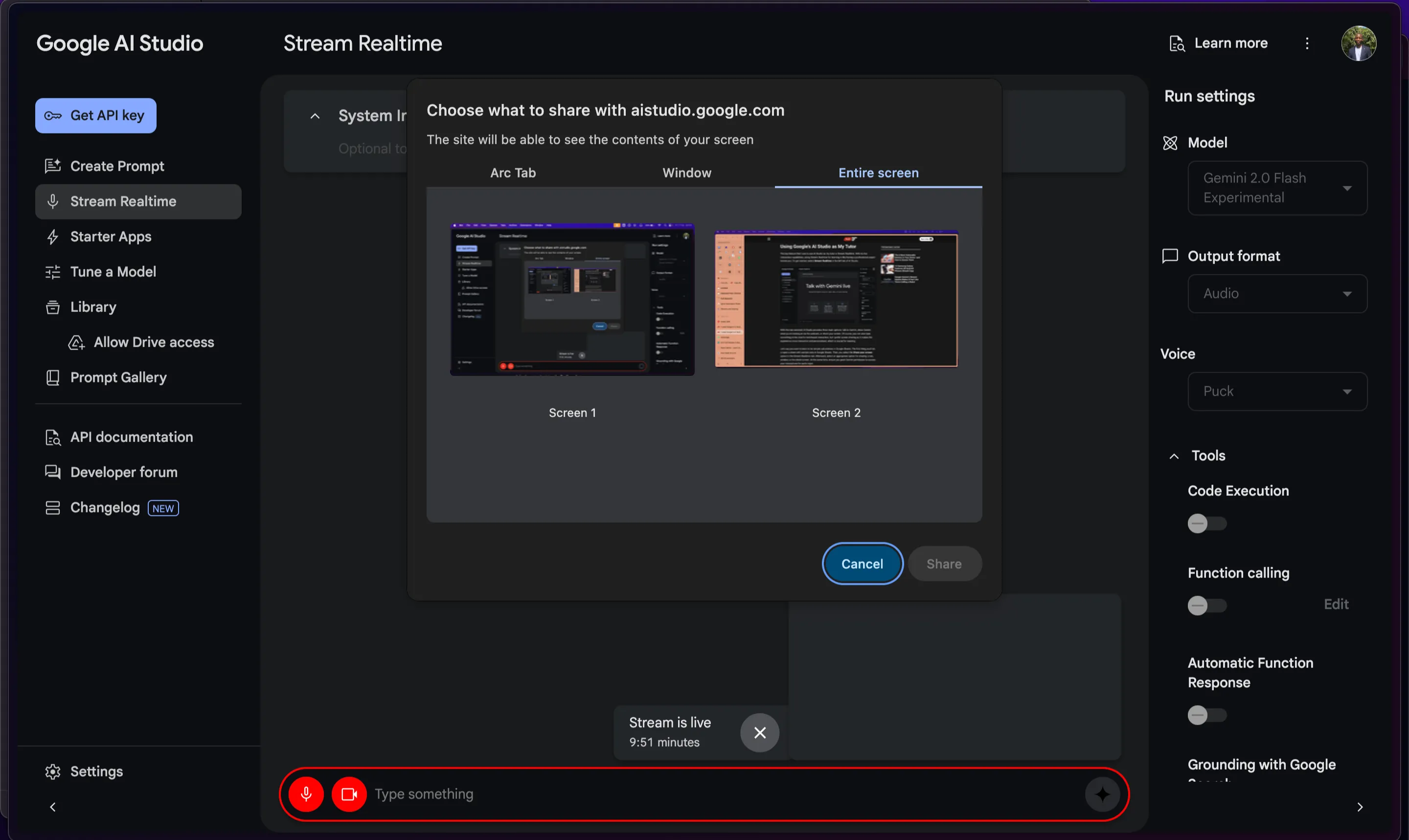 Tùy chọn chia sẻ màn hình trong Google AI Studio qua Stream Realtime, bao gồm chia sẻ tab, cửa sổ hoặc toàn bộ màn hình