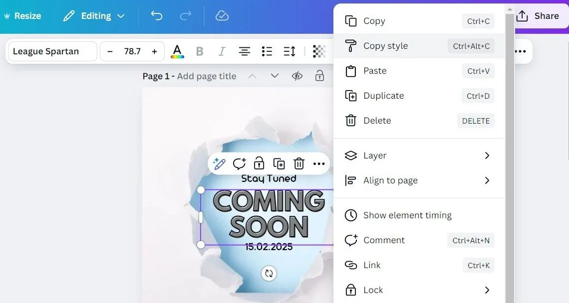 Tùy chọn Copy Style khi nhấp chuột phải vào một yếu tố trong Canva giúp sao chép định dạng nhanh chóng.