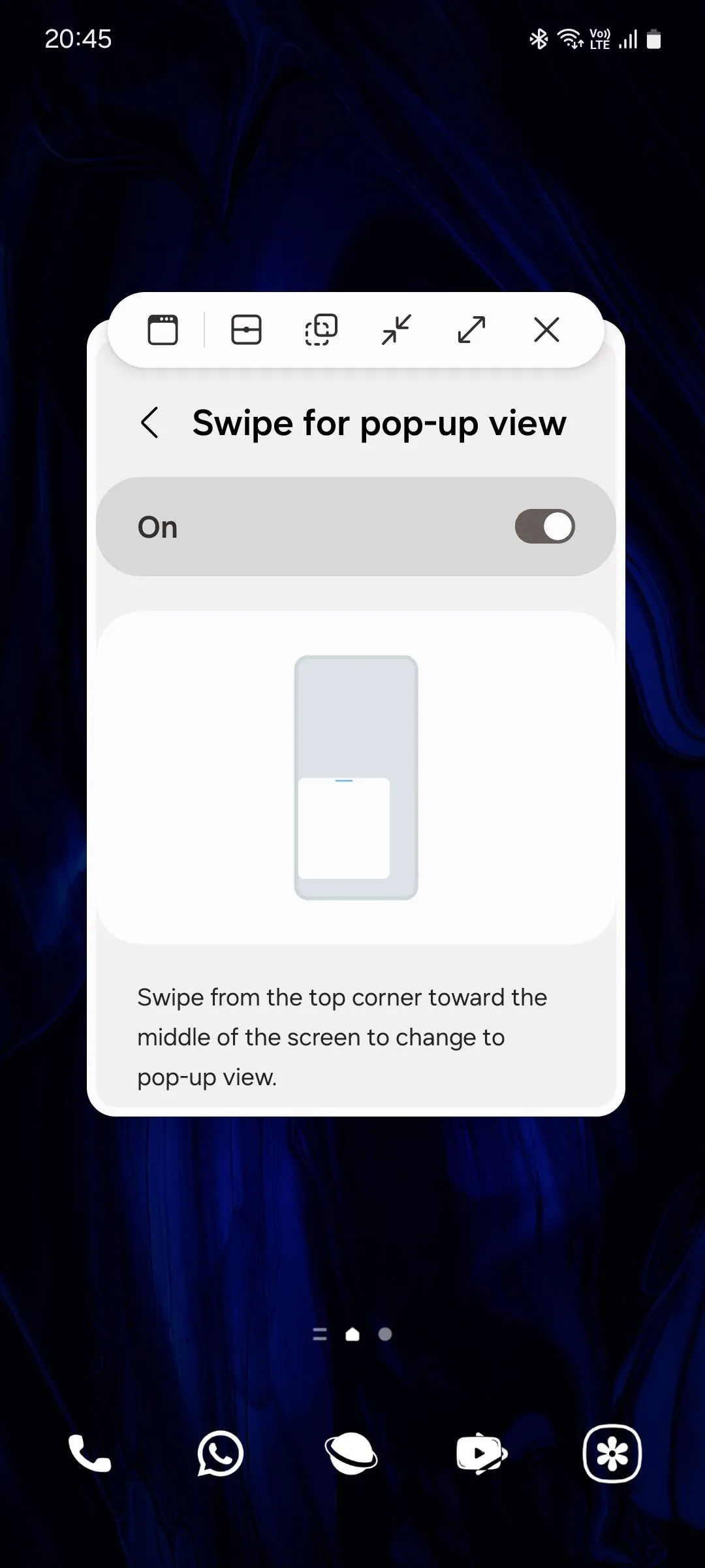 Tùy chọn cửa sổ bật lên trên Samsung, minh họa việc mở ứng dụng trong chế độ pop-up