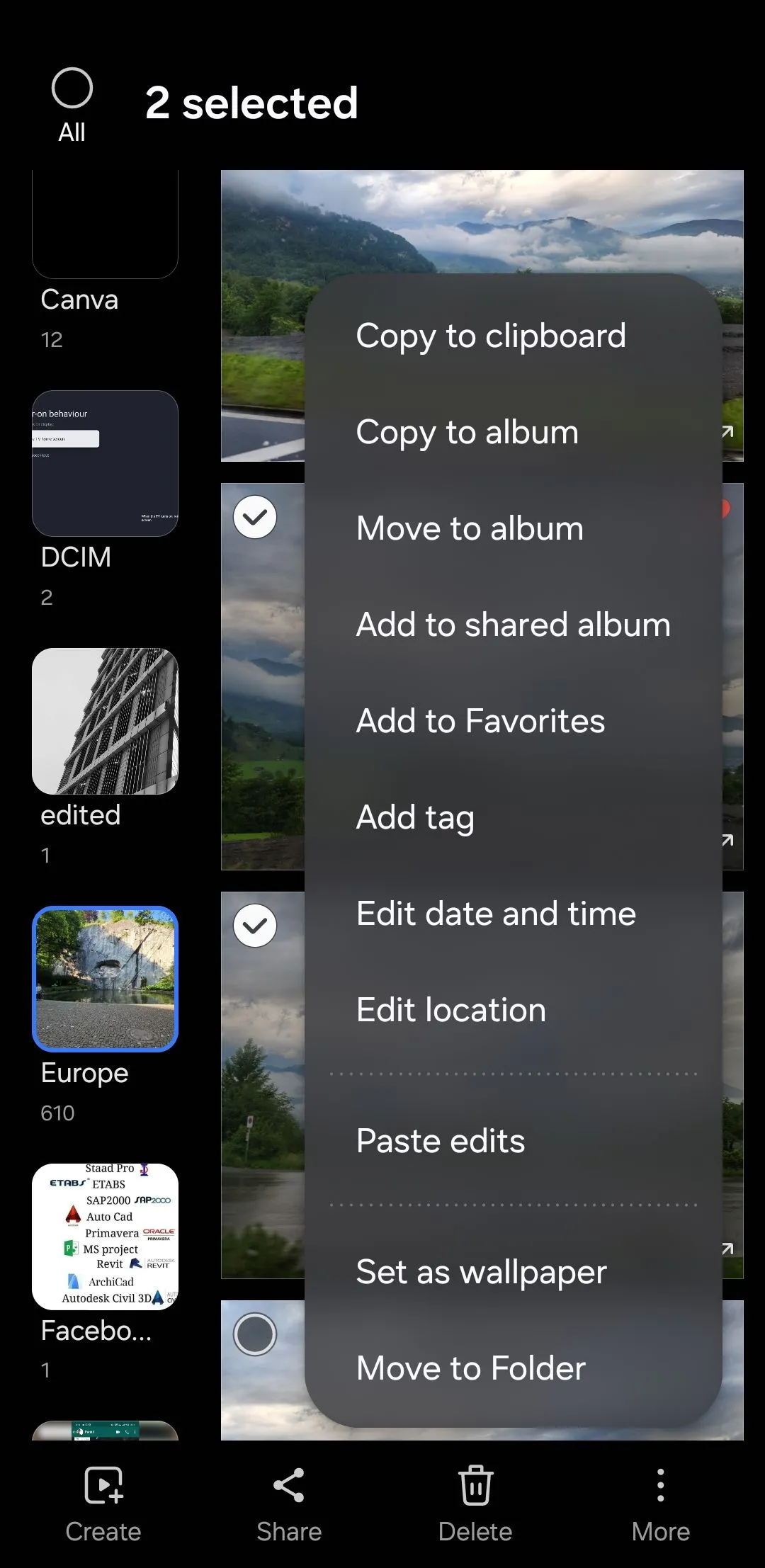 Tùy chọn dán các chỉnh sửa (Paste Edits) trong menu ba chấm của ứng dụng Samsung Gallery, giúp áp dụng nhanh cùng hiệu ứng cho nhiều ảnh.