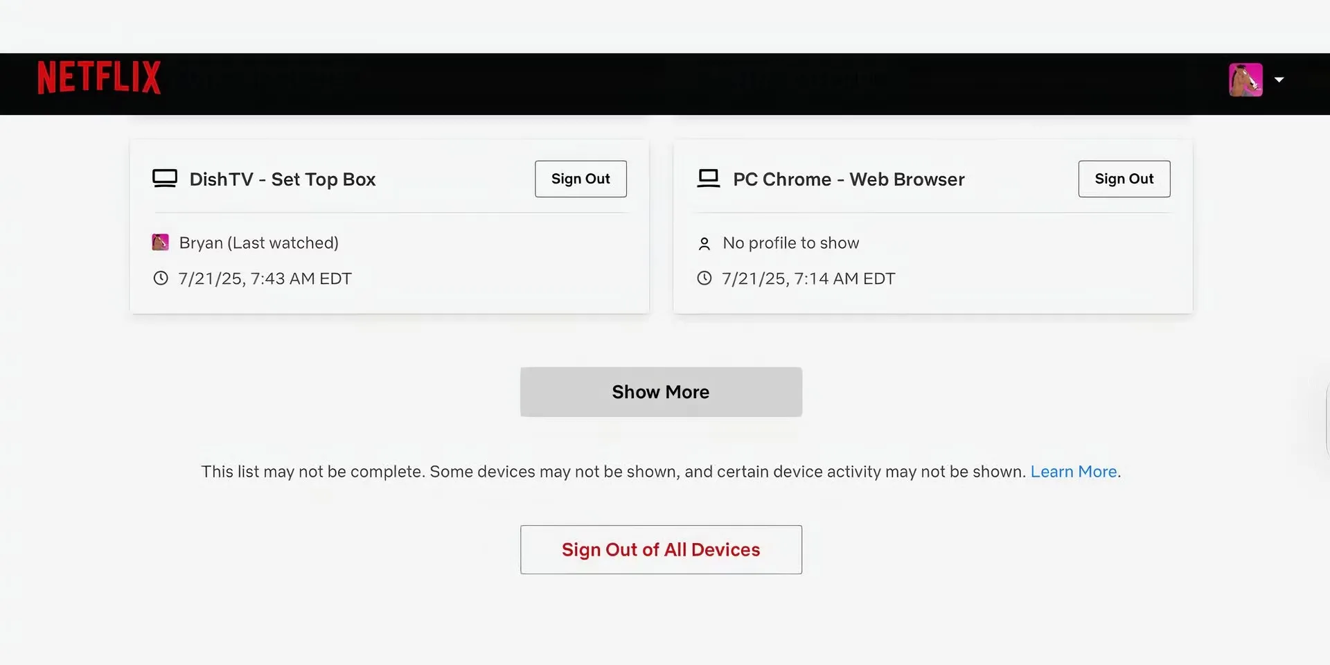 Tùy chọn &quot;Đăng xuất khỏi tất cả thiết bị&quot; trong cài đặt bảo mật Netflix.