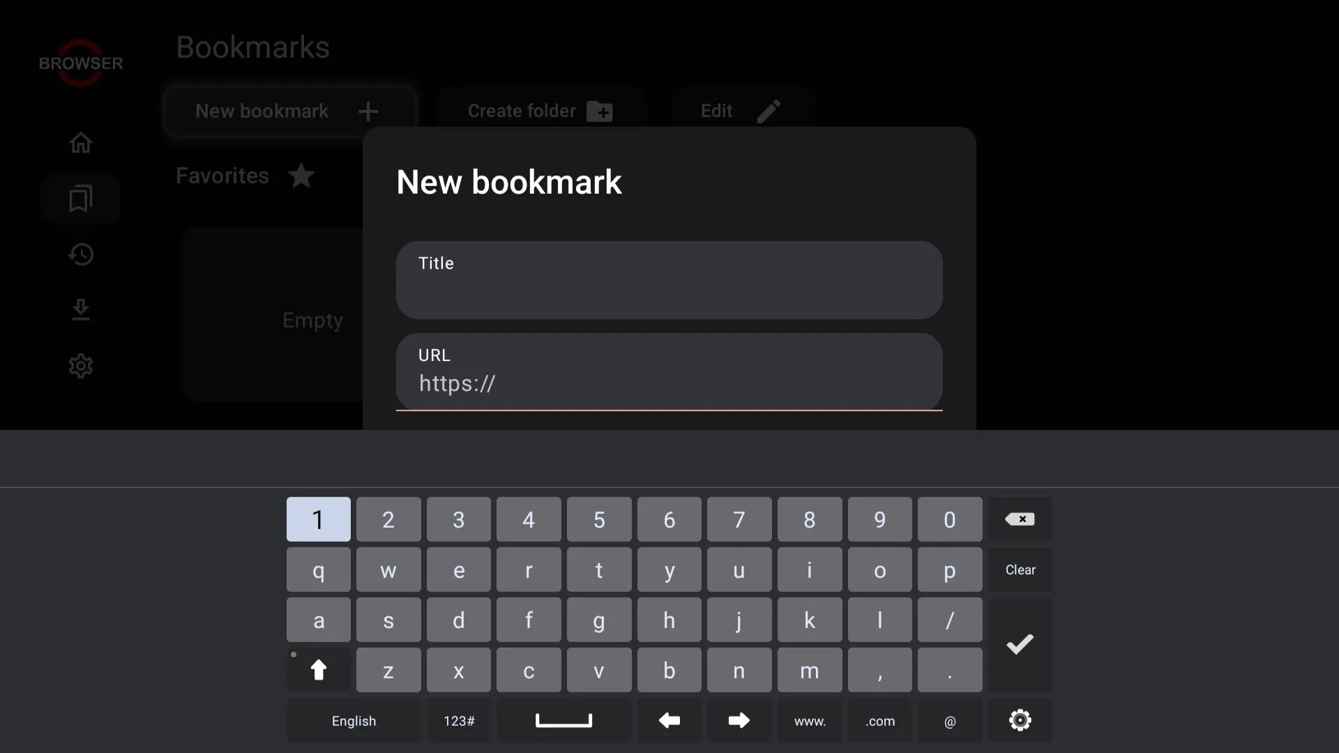 Tùy chọn đánh dấu trang (Bookmark) trong ứng dụng trình duyệt trên Smart TV, giúp lưu trữ website yêu thích để truy cập nhanh.