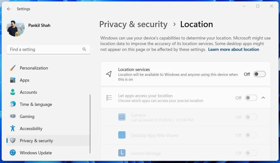 Tùy chọn Dịch vụ định vị trong ứng dụng Cài đặt Windows 11