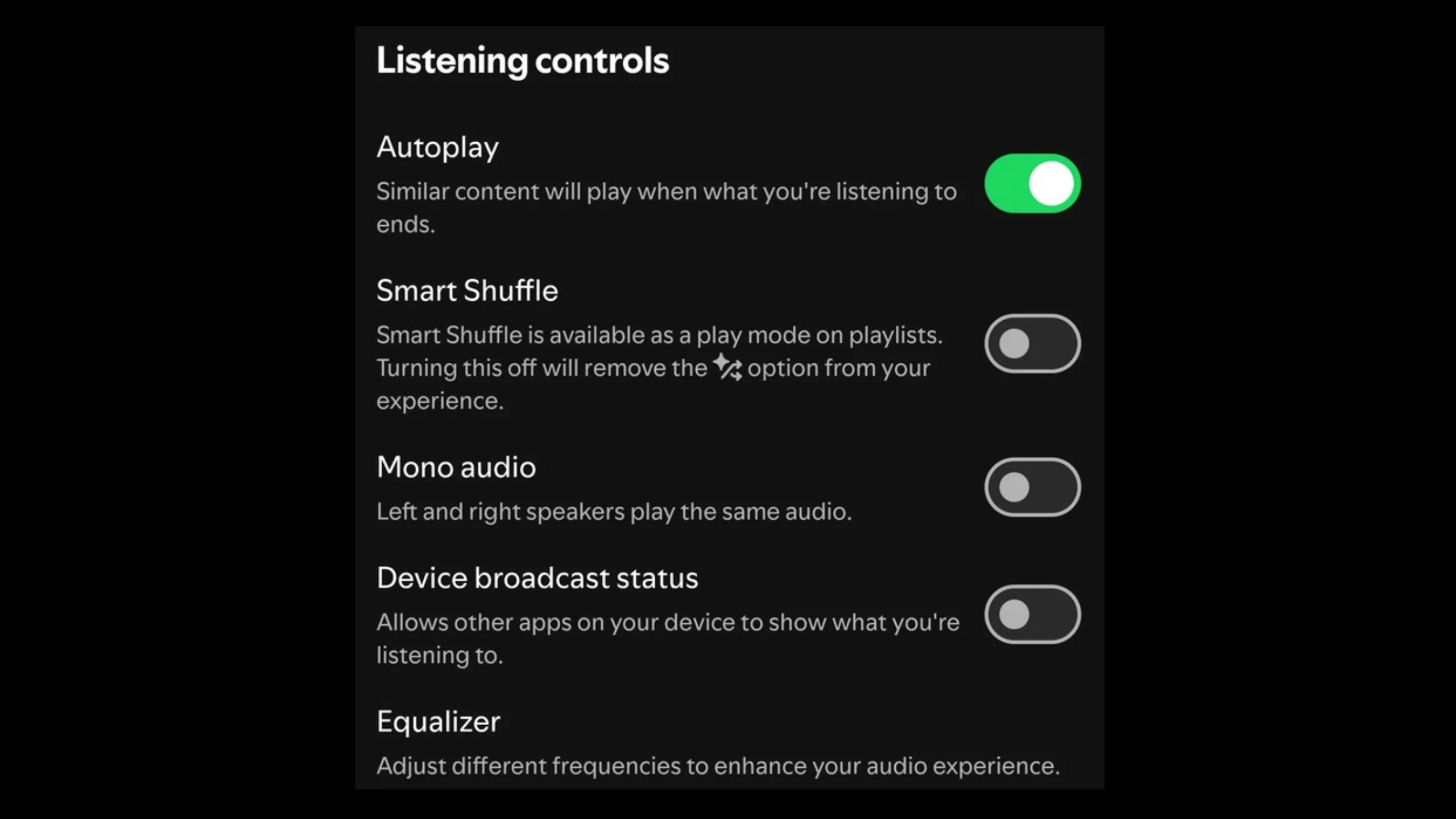 Tùy chọn Điều khiển nghe nhạc trên Spotify, hiển thị cài đặt Smart Shuffle