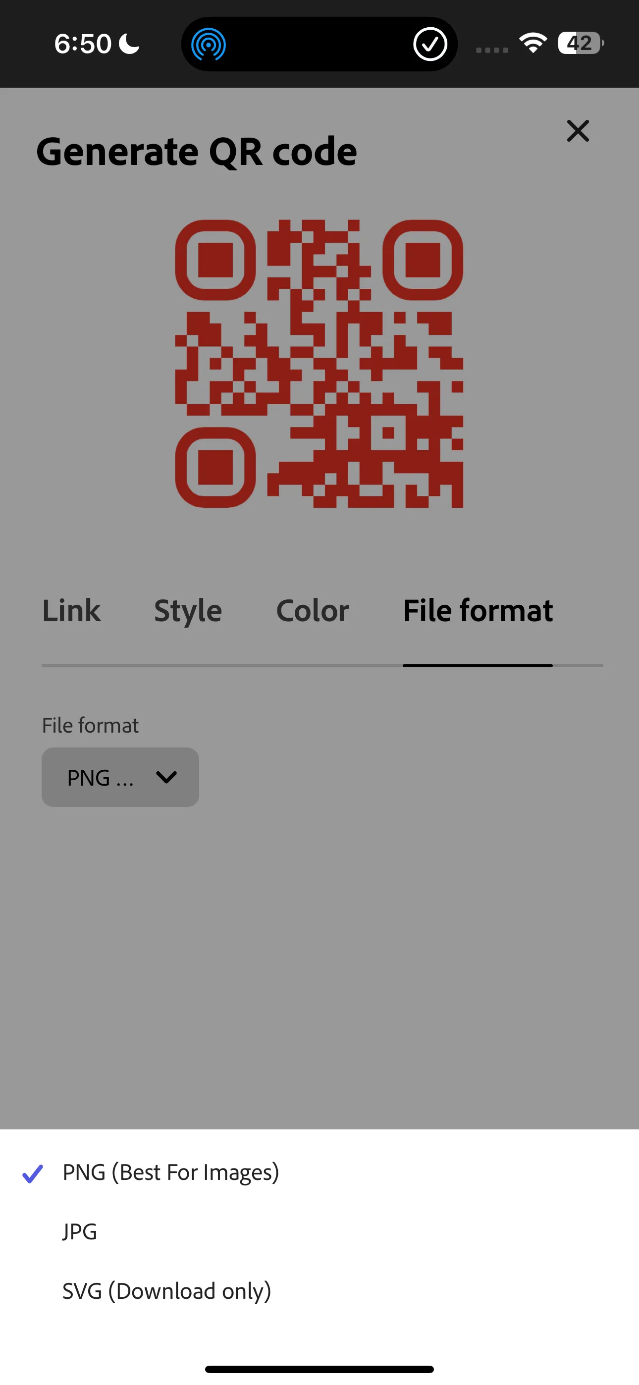 Tùy chọn định dạng tệp tải xuống cho mã QR trong Adobe Express, bao gồm JPG, PNG và SVG, giúp người dùng chọn định dạng phù hợp.