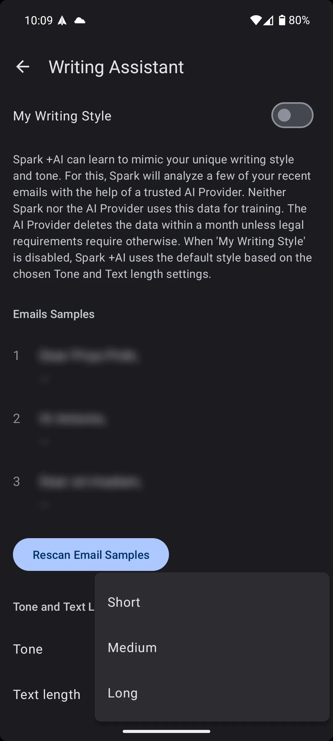 Tùy chọn độ dài văn bản của trợ lý viết trong Spark Mail