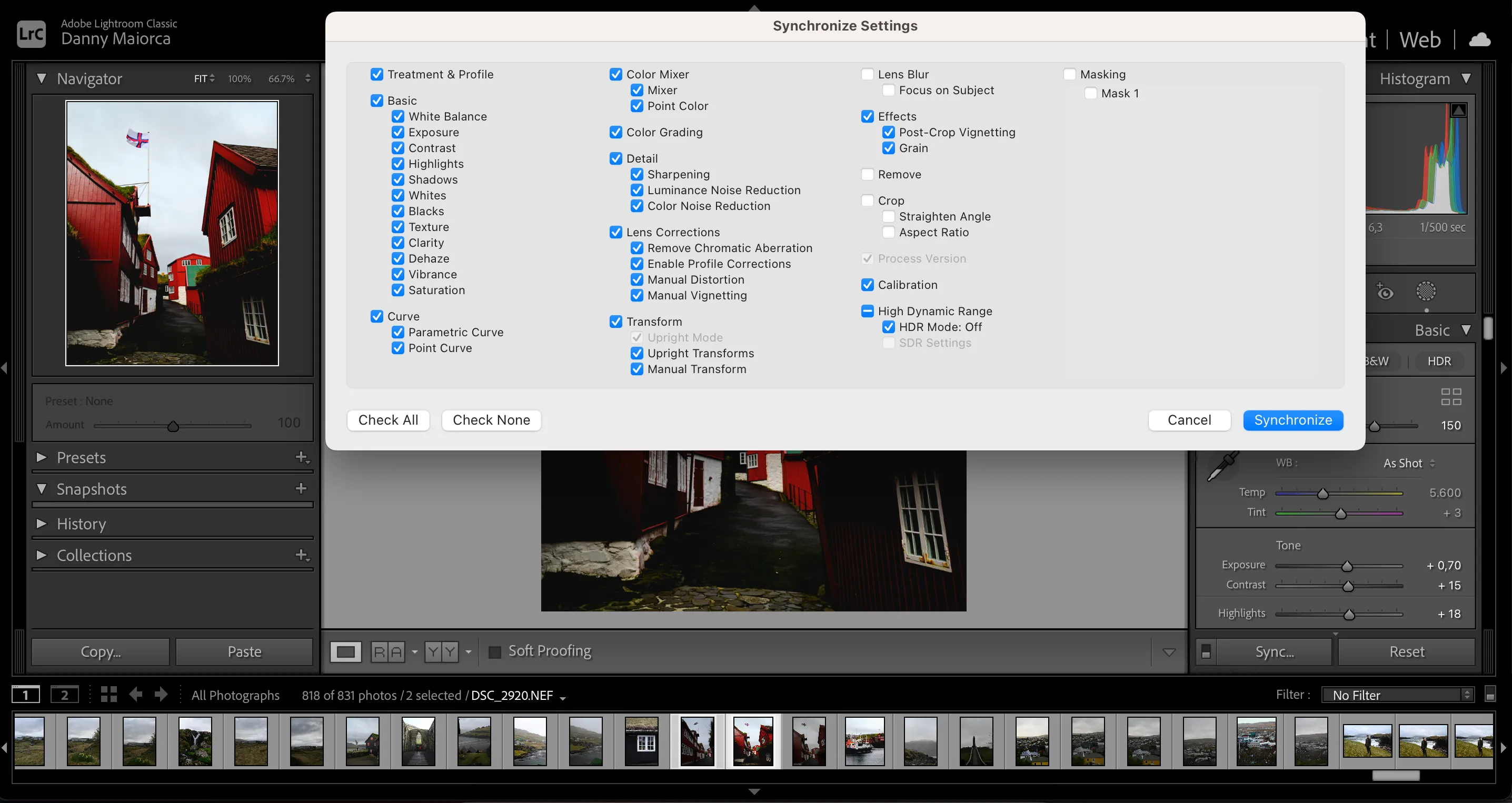 Tùy chọn đồng bộ cài đặt trong Adobe Lightroom, cho phép áp dụng các chỉnh sửa của một ảnh cho nhiều ảnh khác