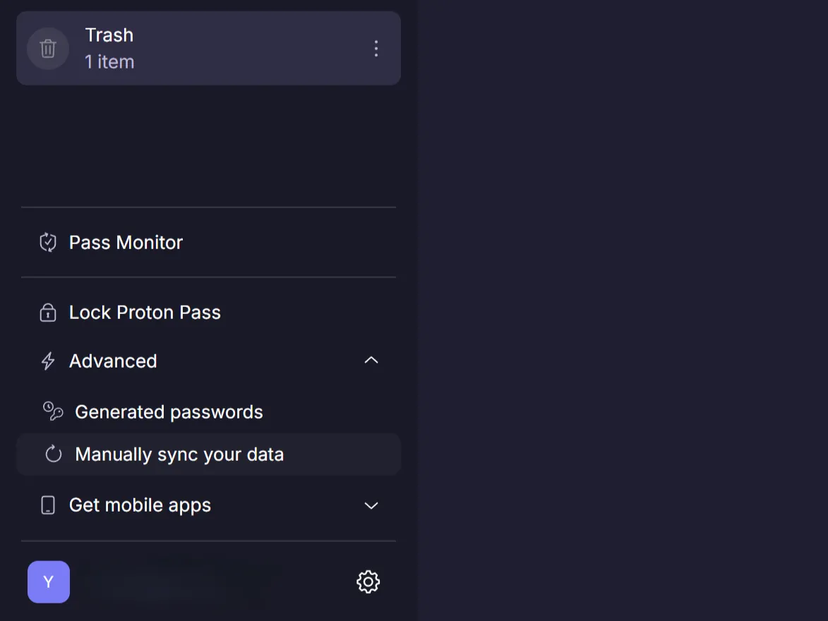 Tùy chọn đồng bộ dữ liệu thủ công trong thanh bên Proton Pass.