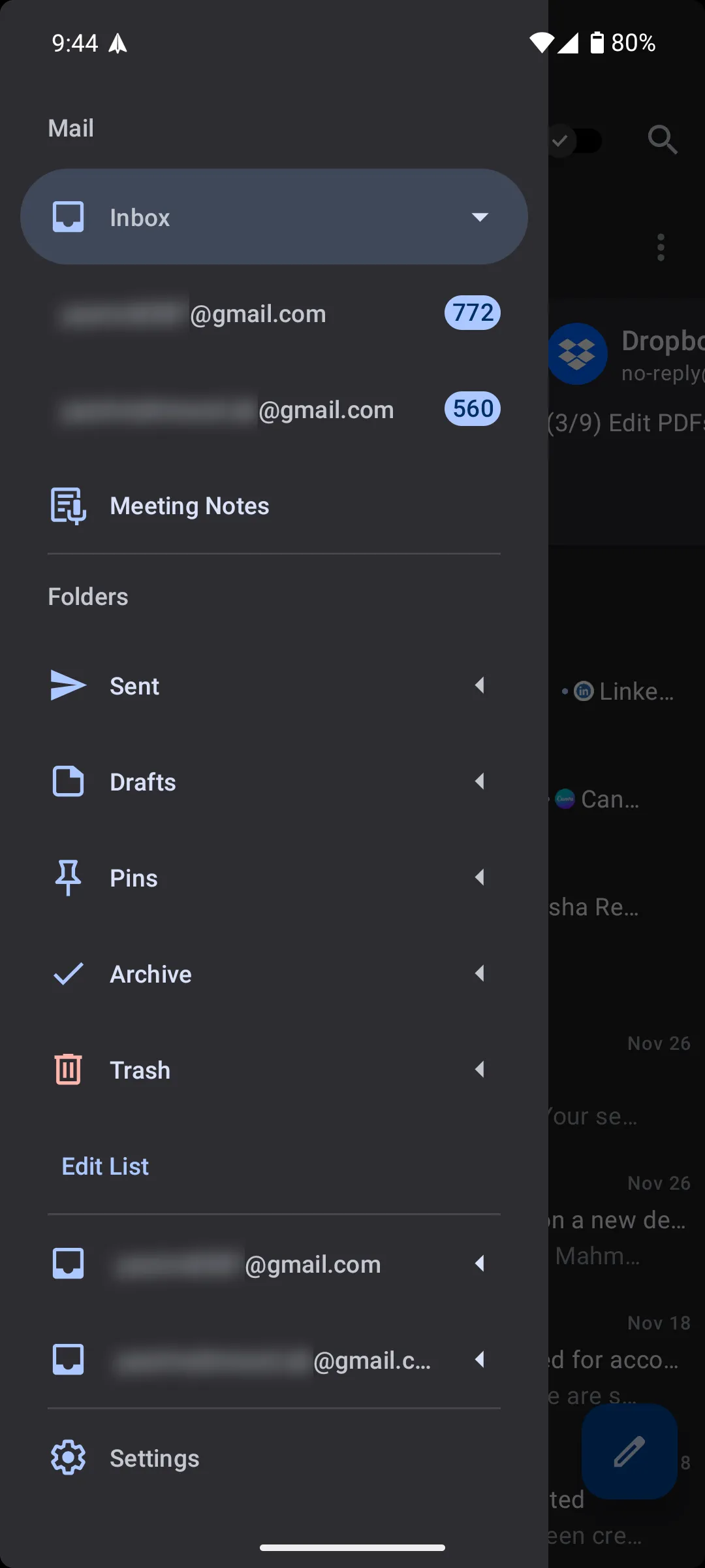 Tùy chọn ghi chú cuộc họp trong thanh bên của Spark Mail