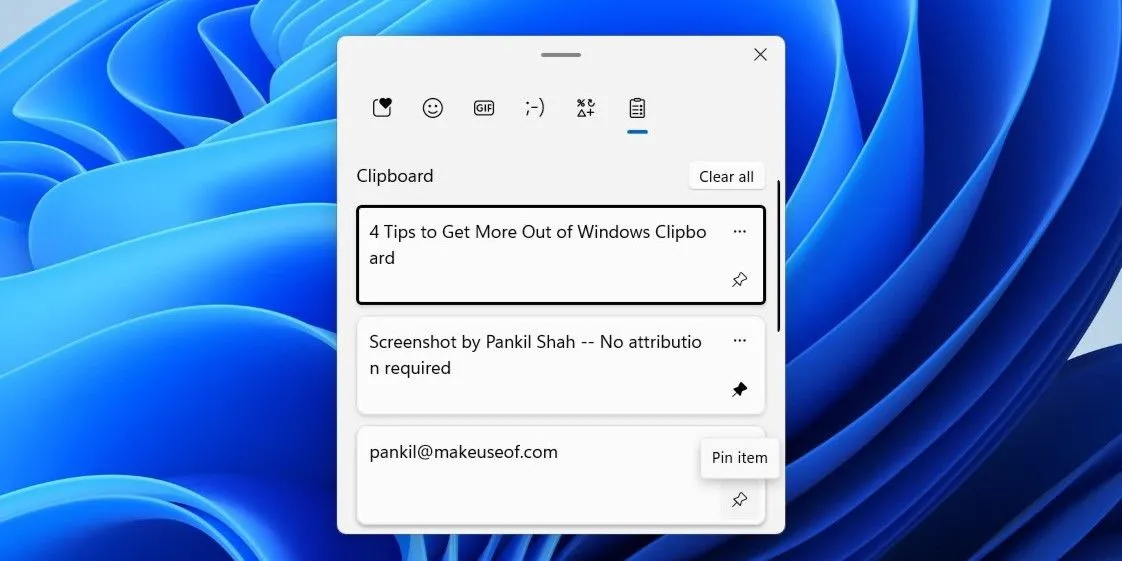 Tùy chọn ghim nội dung trong lịch sử bộ nhớ tạm Windows 11