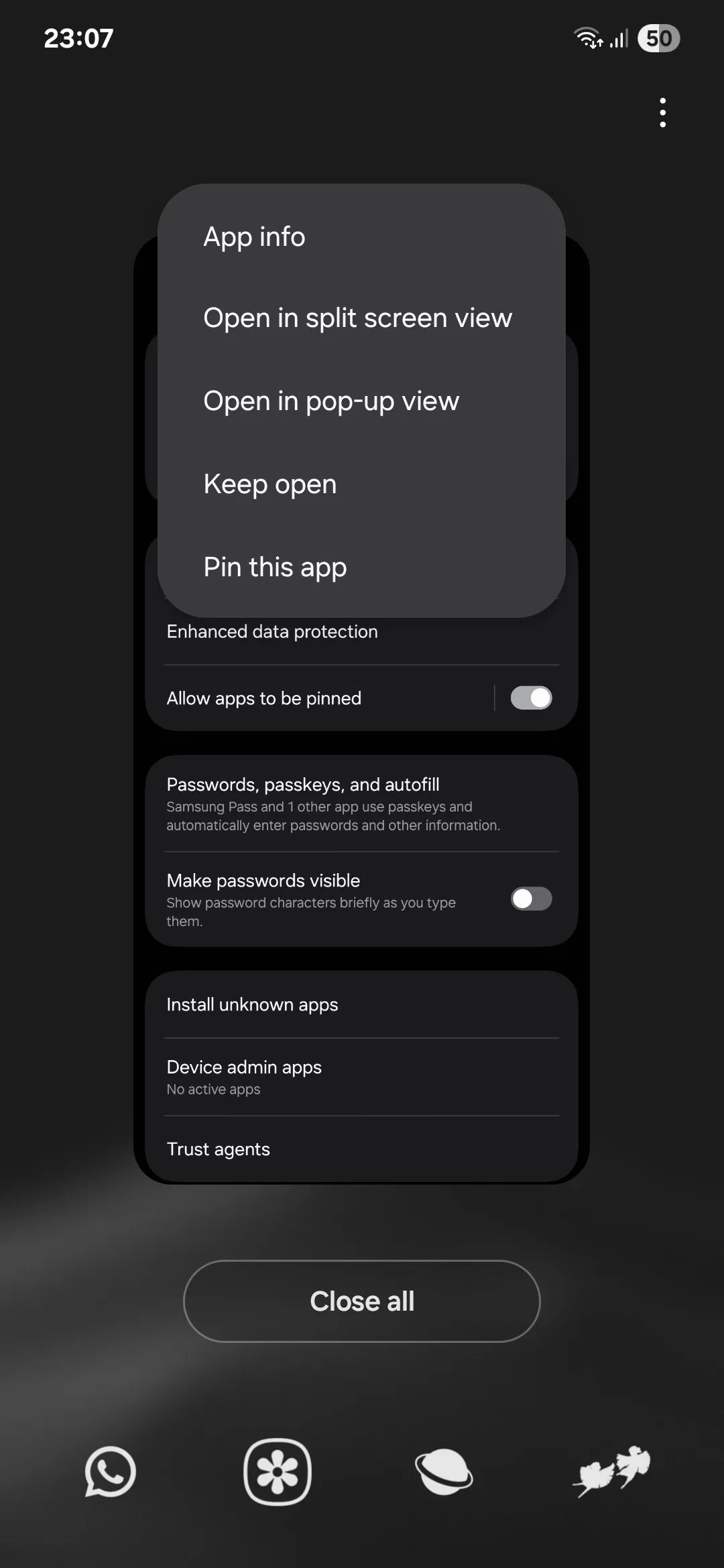 Tùy chọn ghim ứng dụng trên màn hình ứng dụng gần đây của Android.