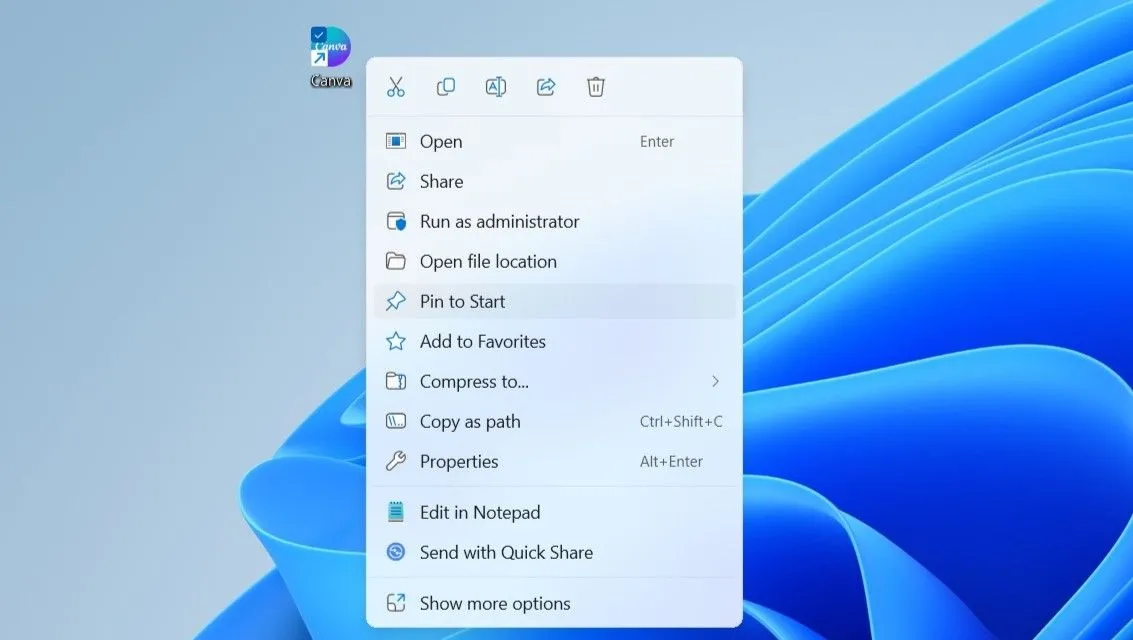 Tùy chọn ghim vào Start trong menu chuột phải trên Windows
