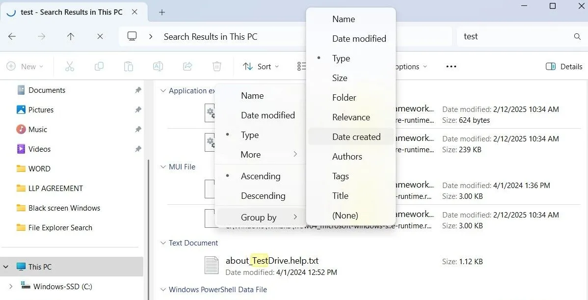 Tùy chọn Group by (Nhóm theo) trong File Explorer để sắp xếp kết quả tìm kiếm