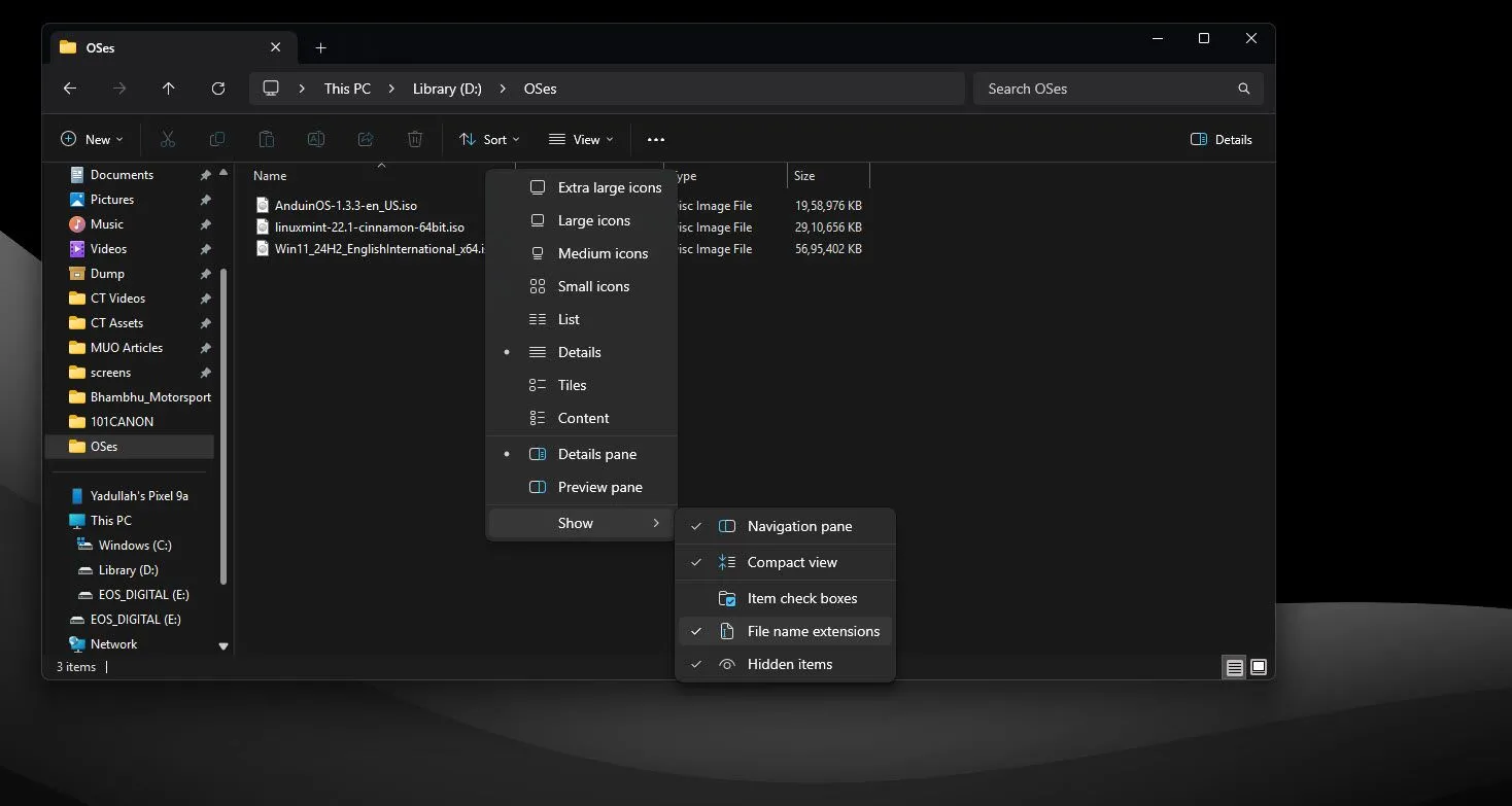 Tùy chọn hiển thị đuôi tệp trong File Explorer trên Windows 11