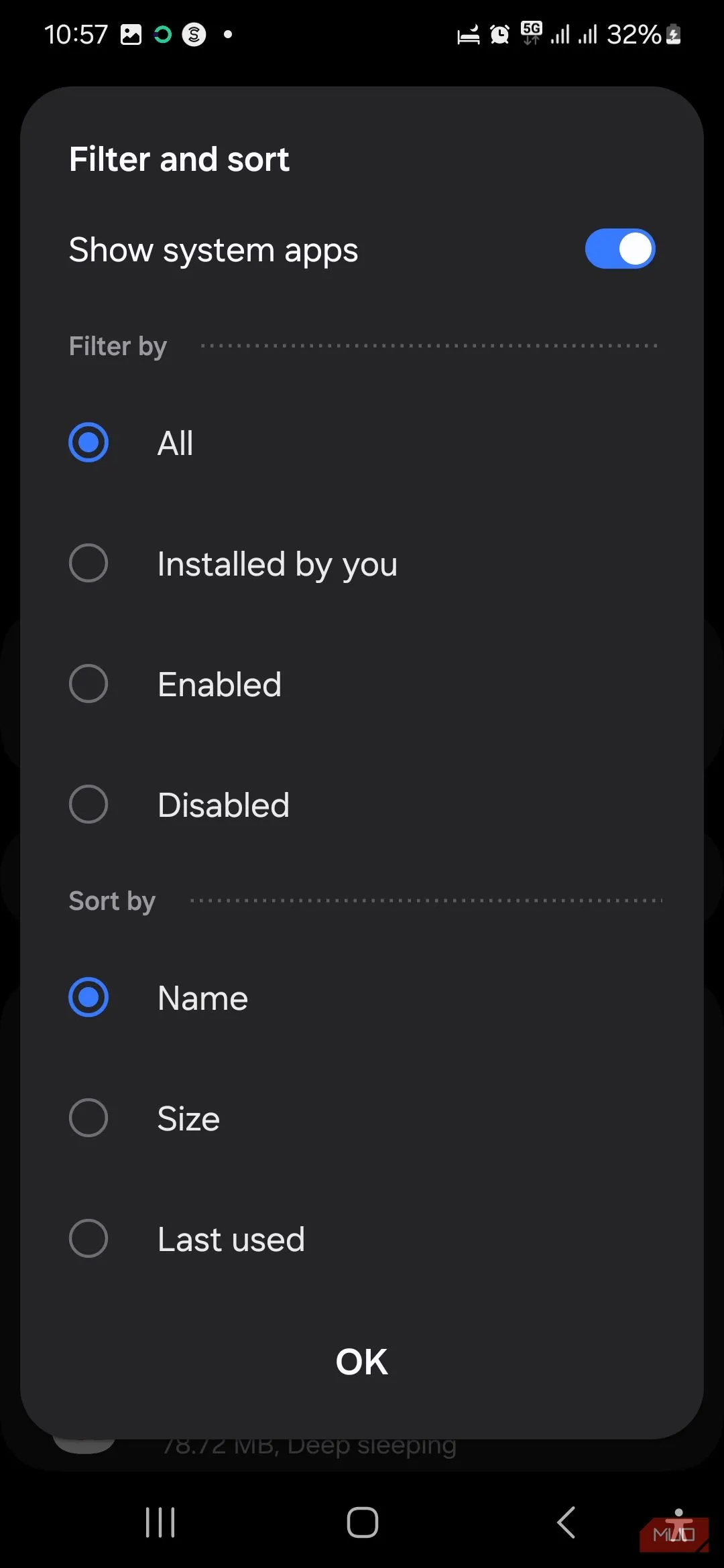 Tùy chọn hiển thị ứng dụng hệ thống (Show System Apps) trong Cài đặt Ứng dụng trên Android