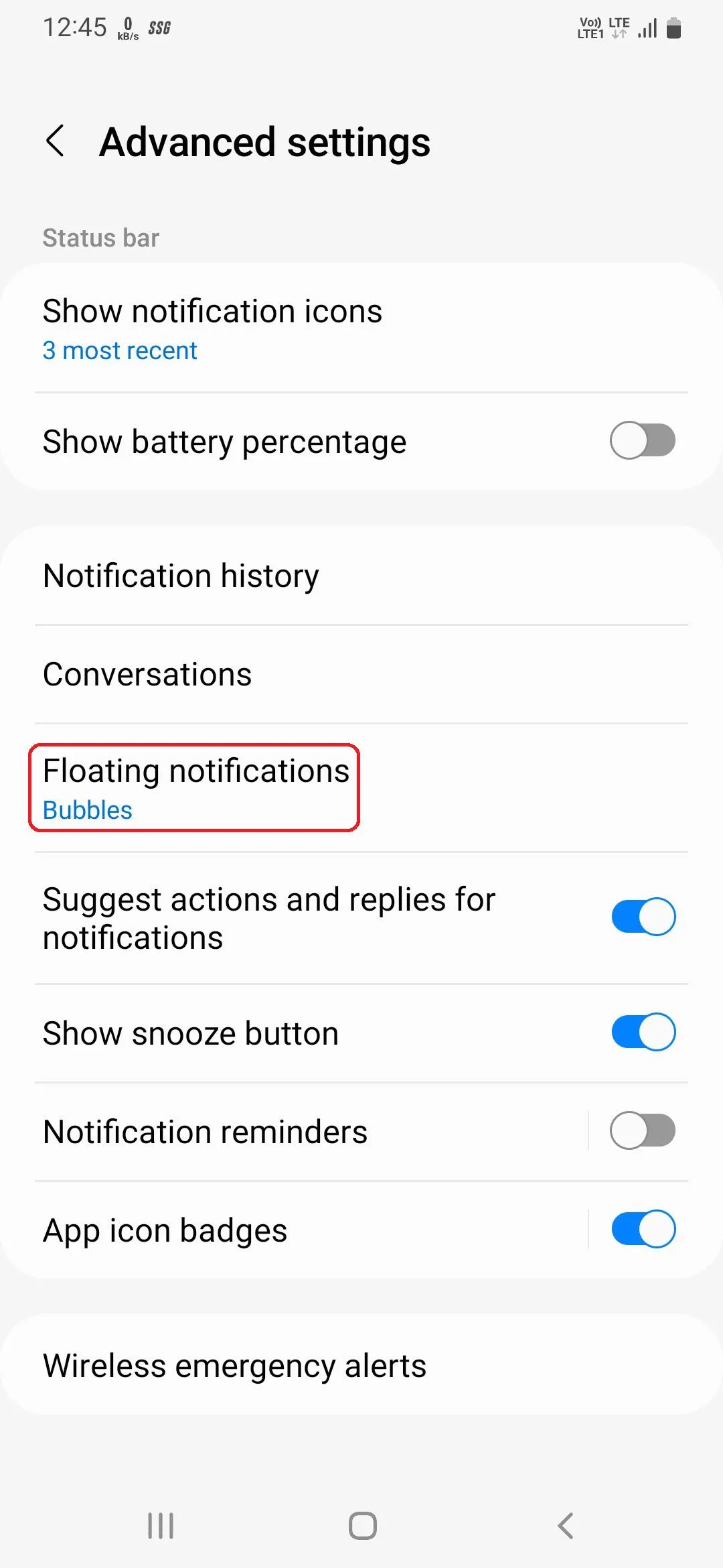 Tùy chọn kích hoạt thông báo nổi trong cài đặt nâng cao của Samsung
