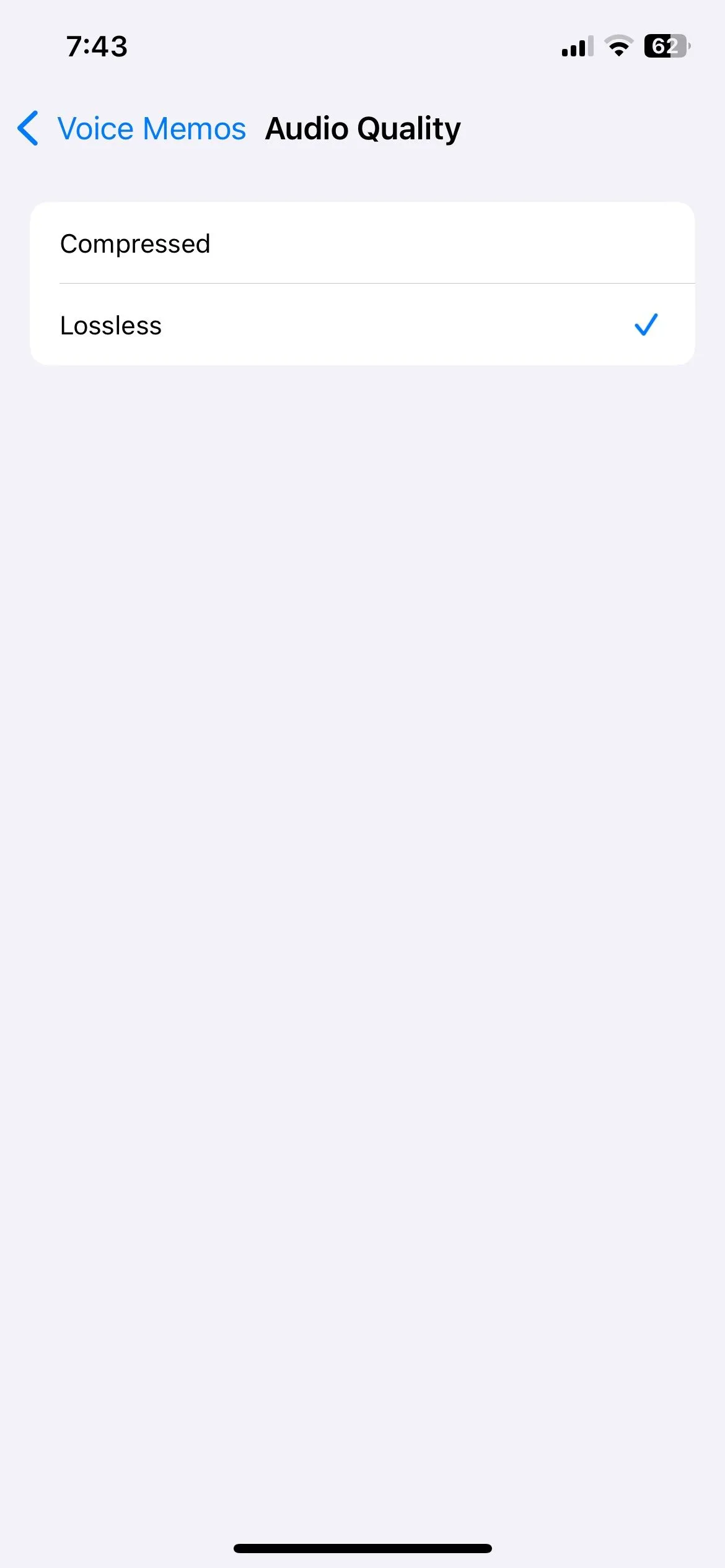 Tùy chọn Lossless được chọn trong menu cài đặt Chất lượng âm thanh của iPhone