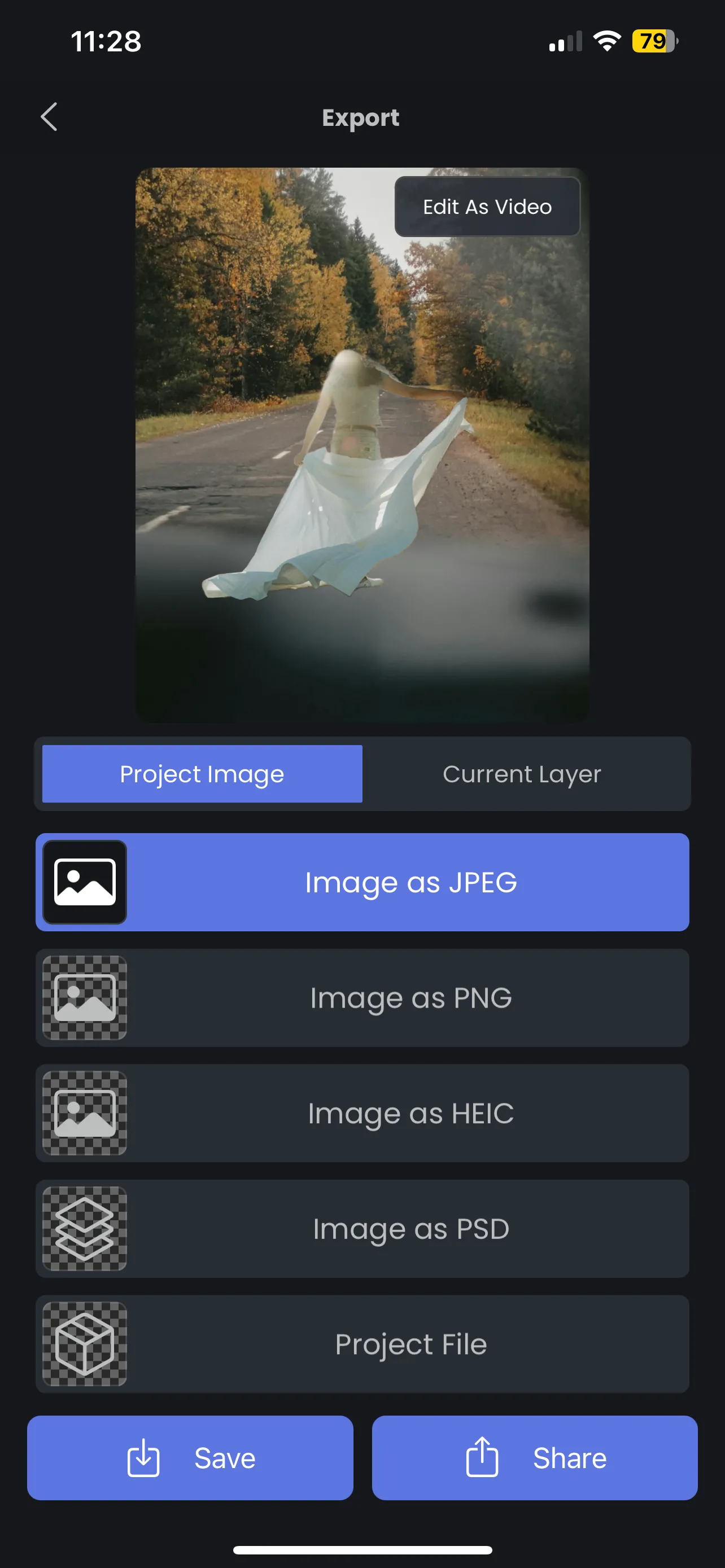Tùy chọn lưu ảnh trong Superimpose X, cho phép người dùng xuất file dưới nhiều định dạng khác nhau như JPEG, PNG, HEIC và PSD